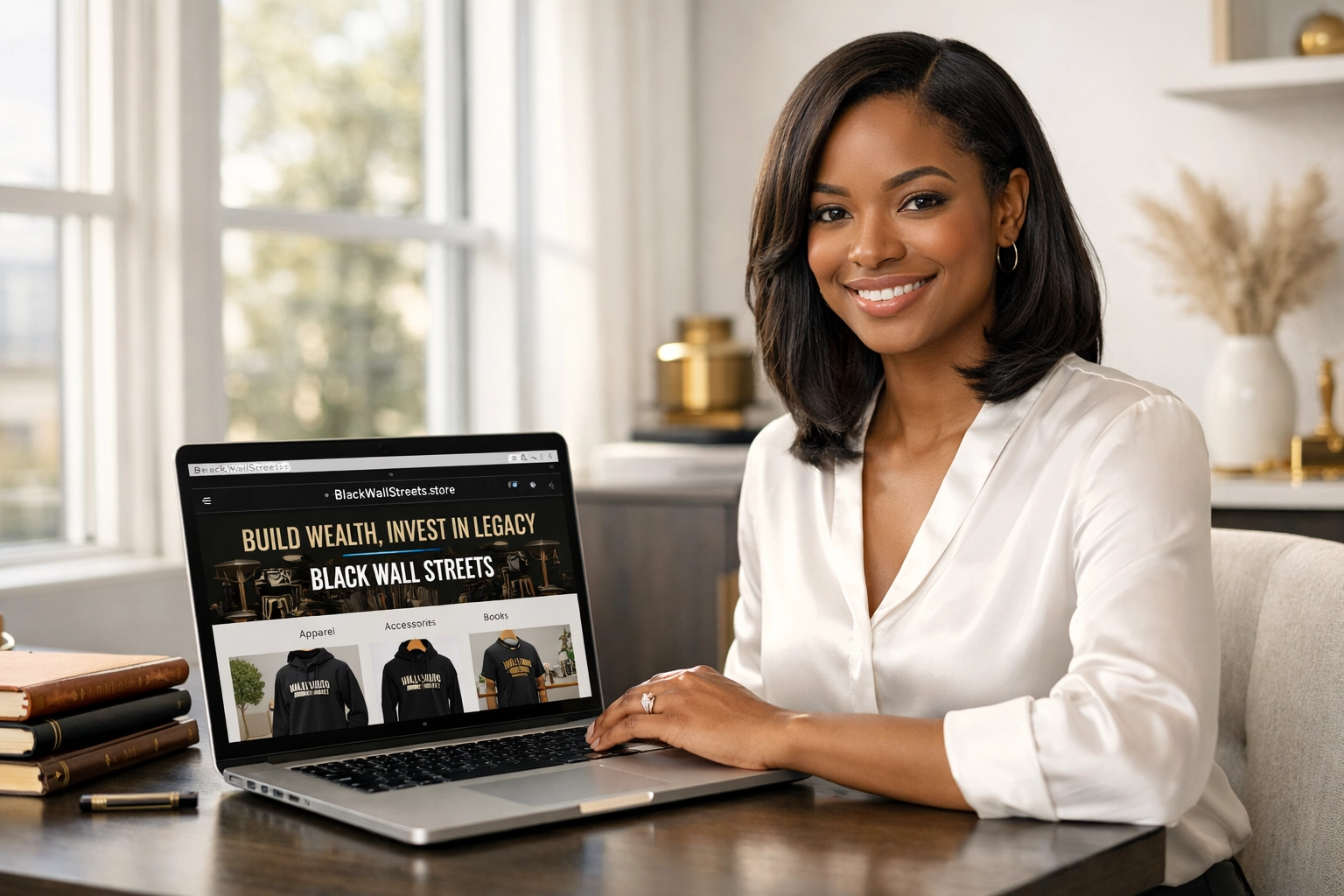 Black entrepreneur browsing the Black Wall Streets marketplace on a laptop in her home office.