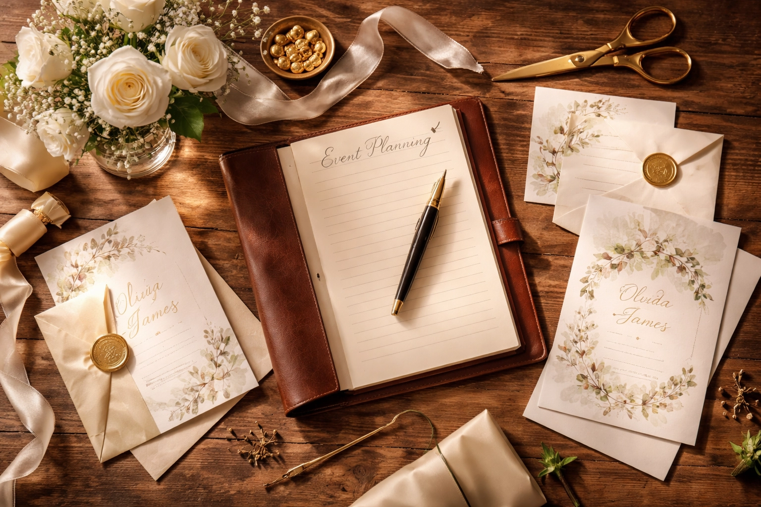 Rustic event planning materials on table, symbolizing expert consultation and booking with a top bartender staffing agency