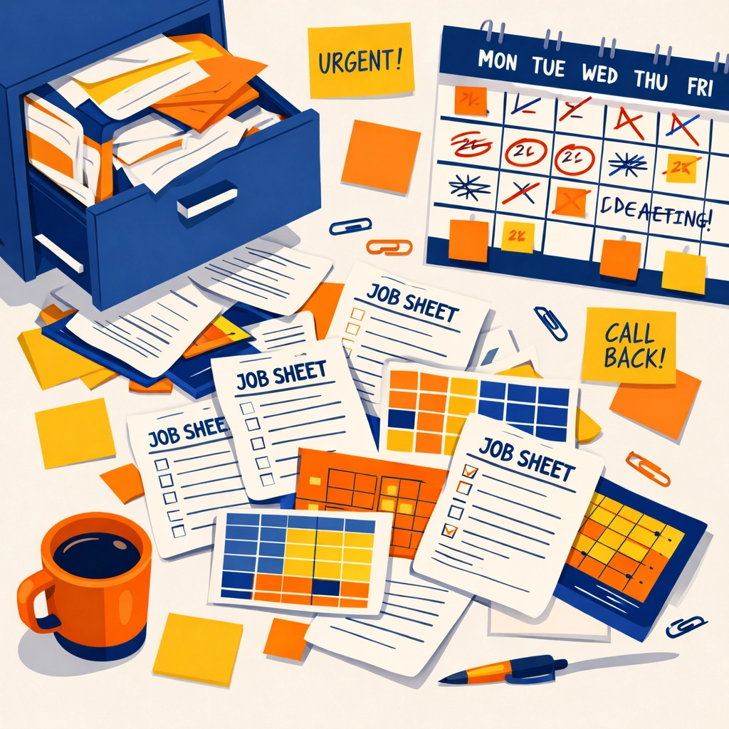 Chaotic desk with scattered paperwork, spreadsheets, and filing cabinets showing electrician admin overload