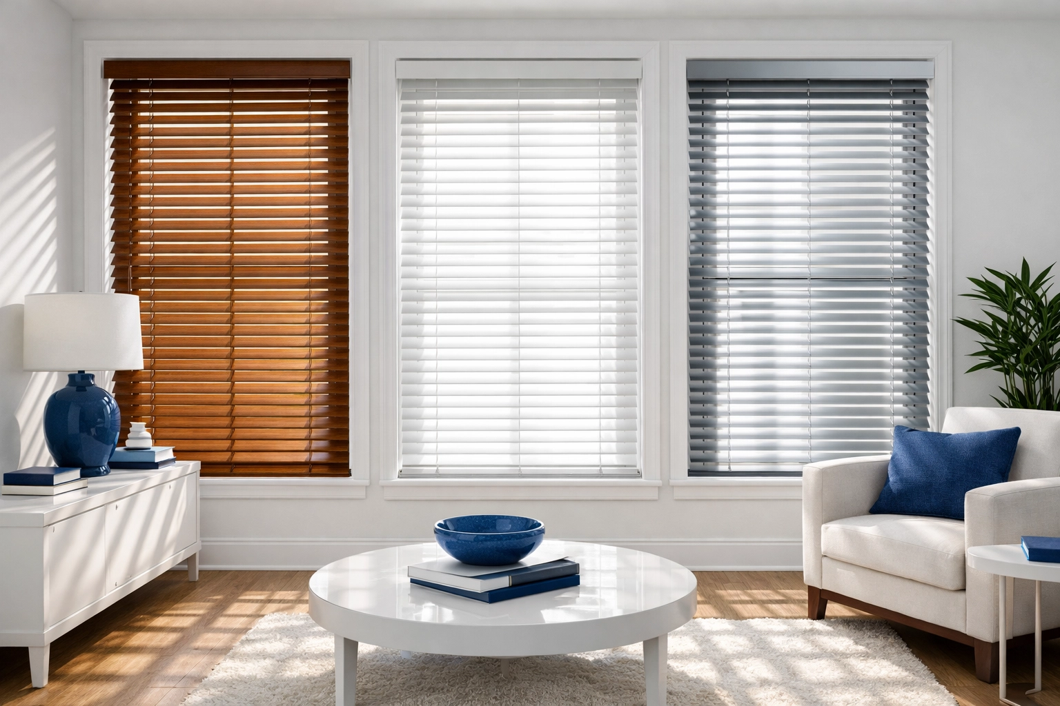 Modern windows showing clean wood, faux-wood, and aluminum blinds in a tidy home.