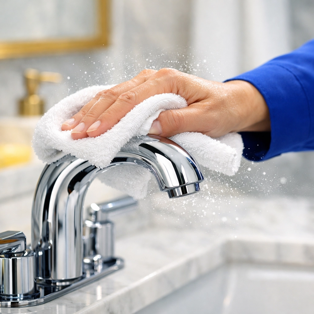 Professional cleaner polishing a chrome faucet during a deep house cleaning in Westford.