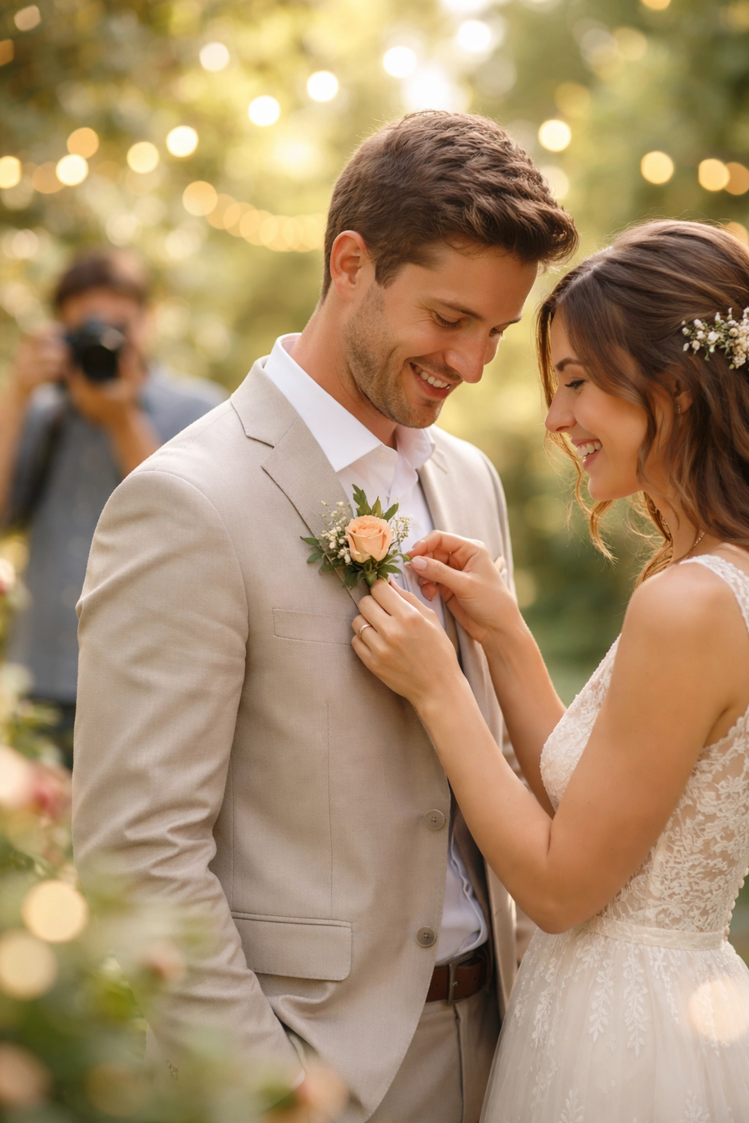 Trans or LGBTQ+ couple sharing a joyful moment during a wedding photo session in a sunlit, affirming garden venue.