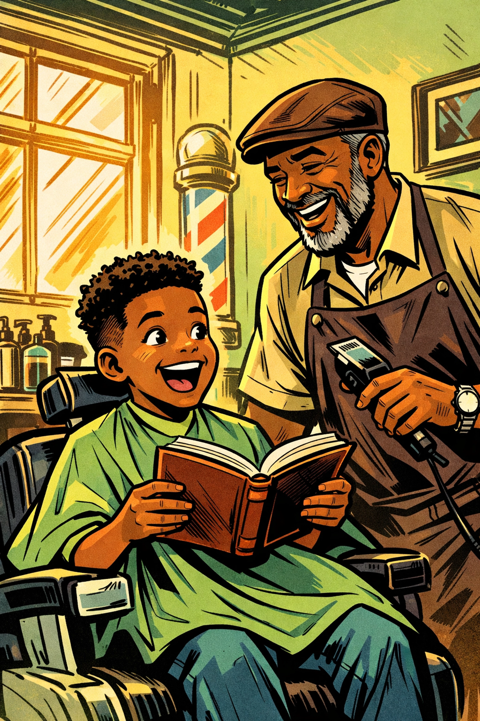 Young Black boy reading book during haircut in barbershop literacy program