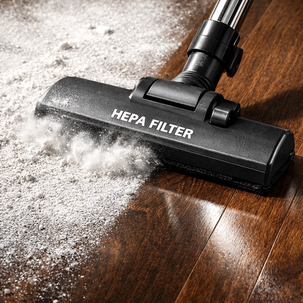 Industrial vacuum removing construction dust from hardwood floor during post-construction cleaning