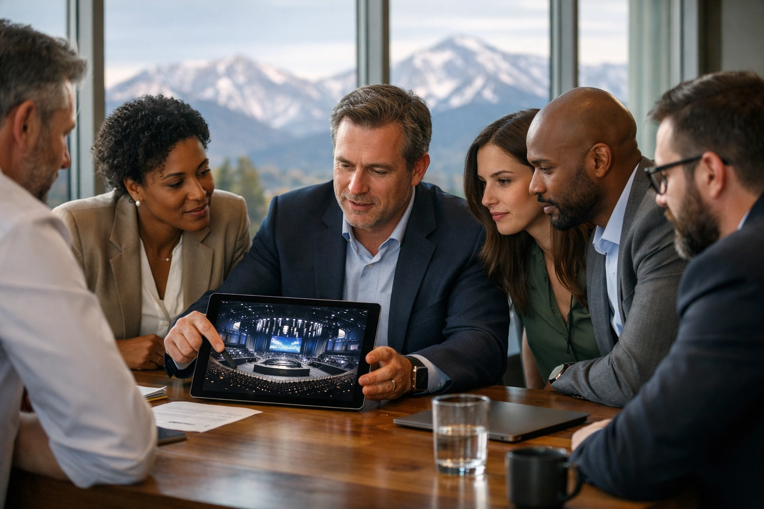 Strategic consulting team at Dakdan Worldwide designing a global stadium event production in a Colorado office.