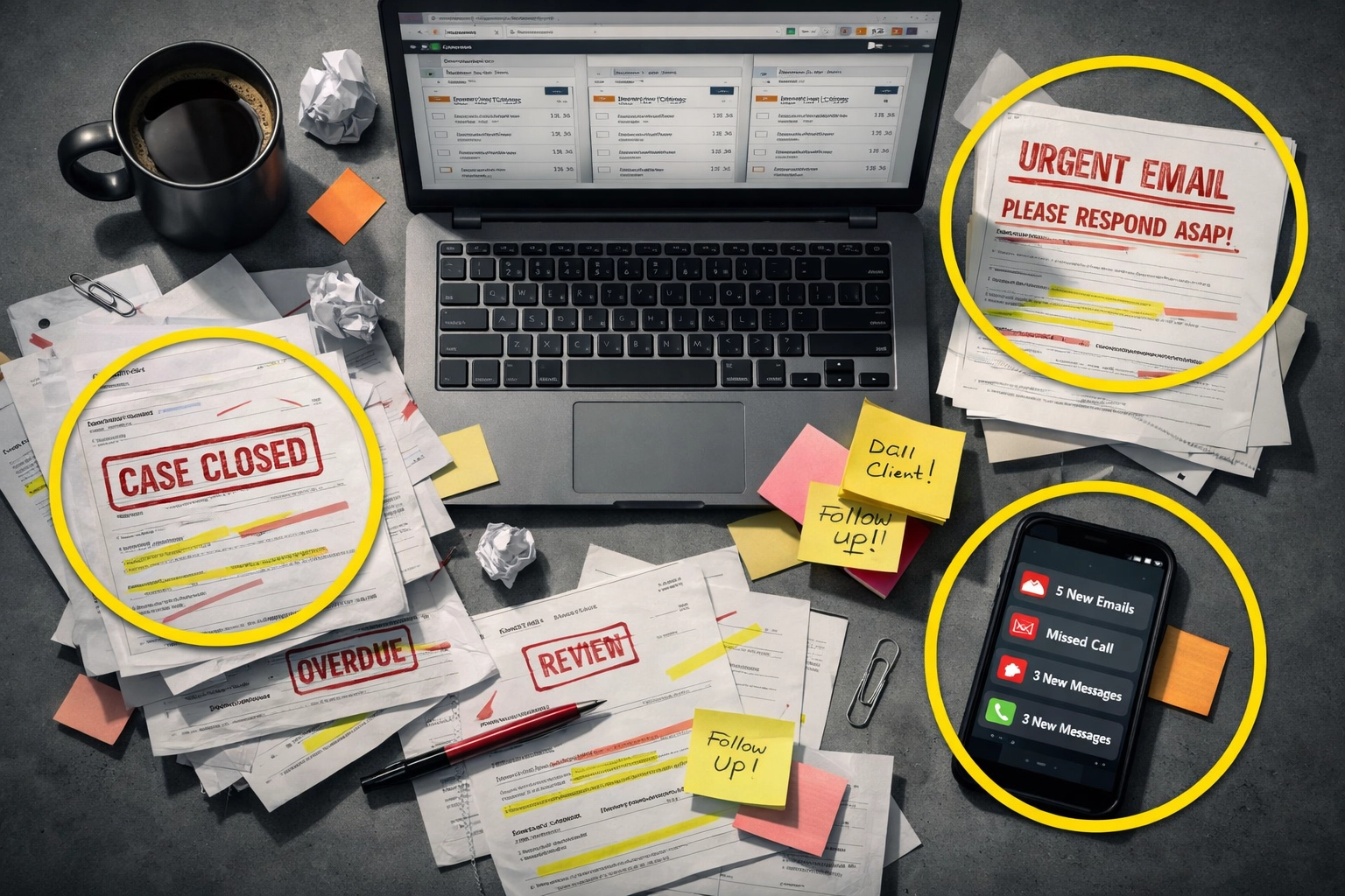 Overwhelmed Amazon seller workspace with support tickets, reports, and multiple tasks requiring attention