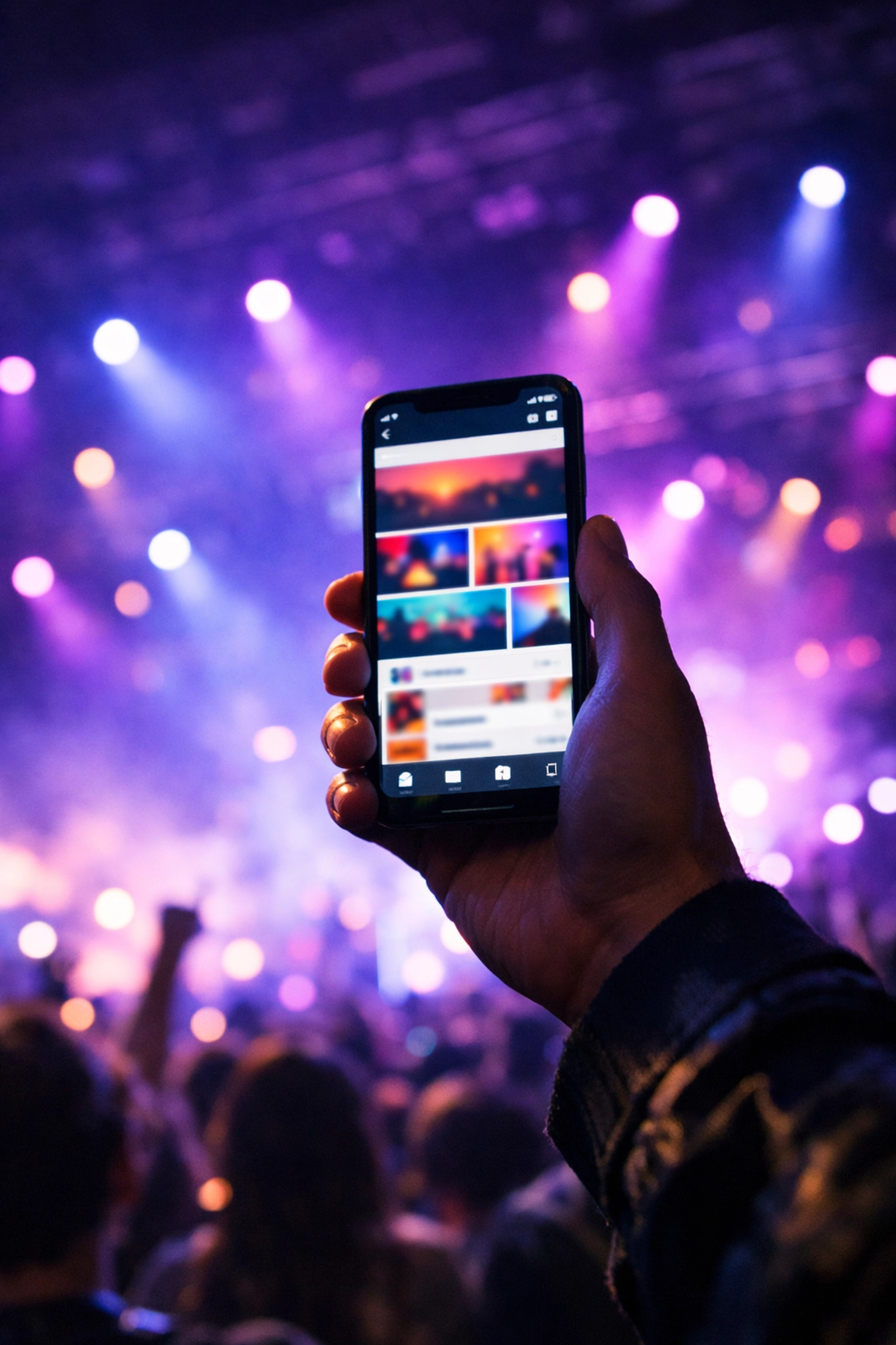 A person at a live concert using a smartphone to share dynamic artist-brand content on social media.