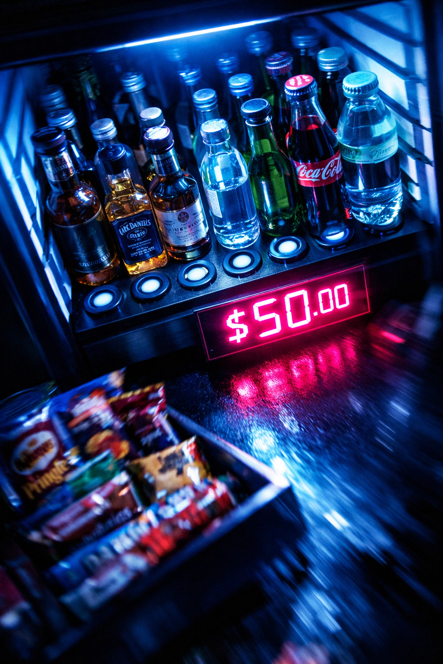 Overpriced hotel minibar with expensive drinks and snacks in Las Vegas hotel room