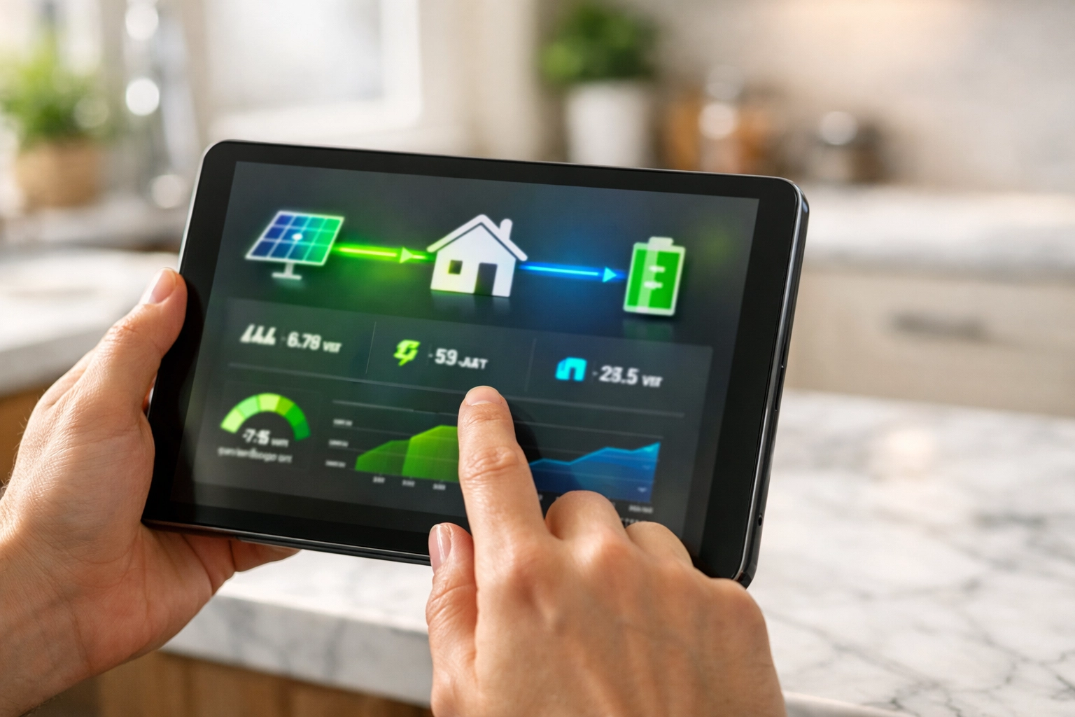 Tablet dashboard monitoring real-time solar panel performance and home battery storage levels.