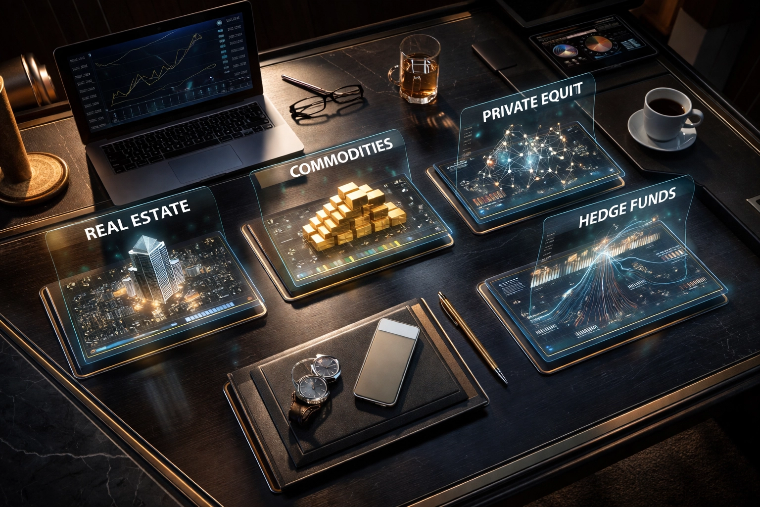 Investor desk displaying real estate, commodities, private equity, and hedge fund asset classes for institutional portfolios