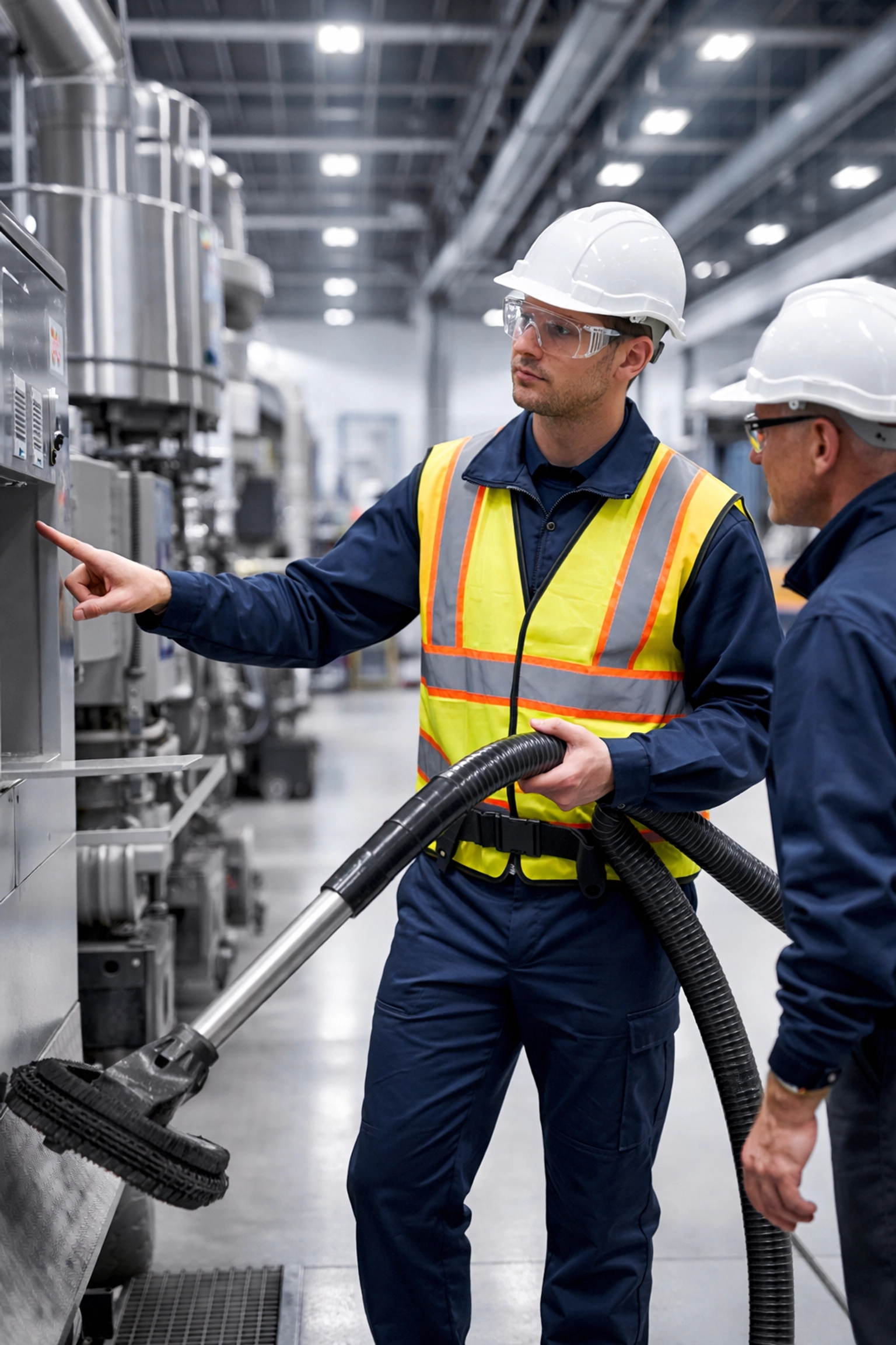 Industrial cleaner in PPE receiving training near heavy machinery on a modern factory floor