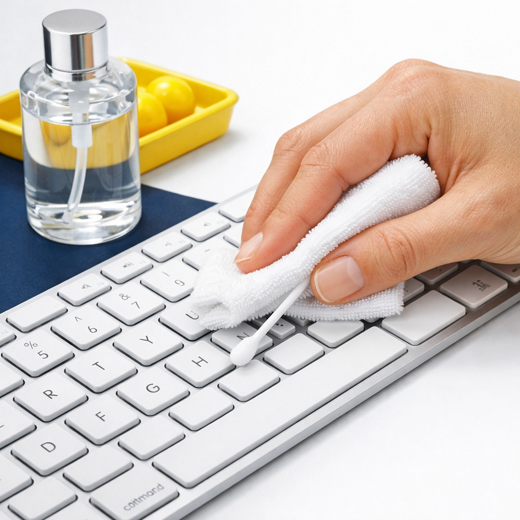 Sanitizing between computer keys using a cotton swab and microfiber cloth for a deep, safe clean.
