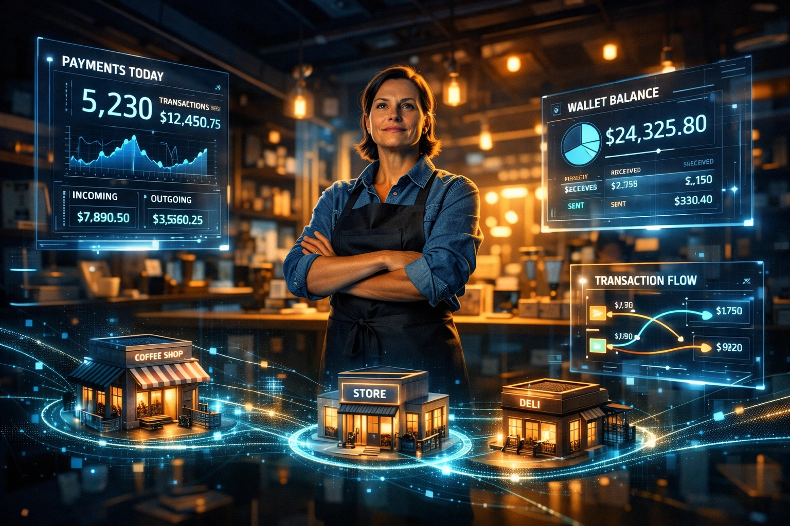 Small business owner viewing real-time crypto payment analytics across multiple store locations