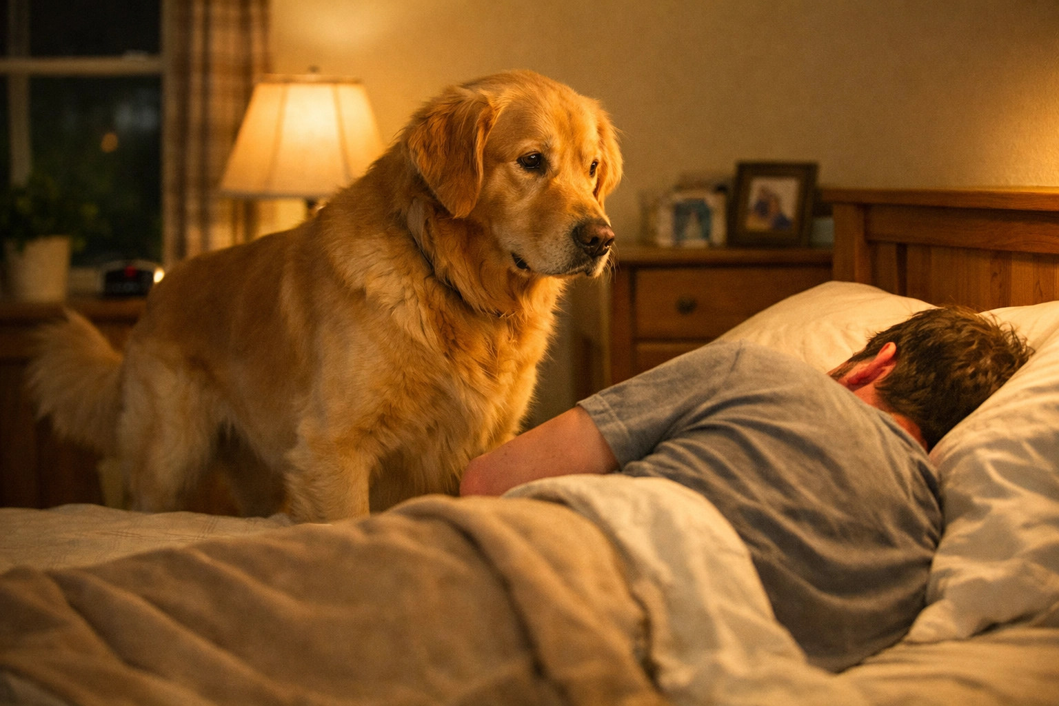 Golden retriever standing protectively beside owner demonstrating lifesaving devotion