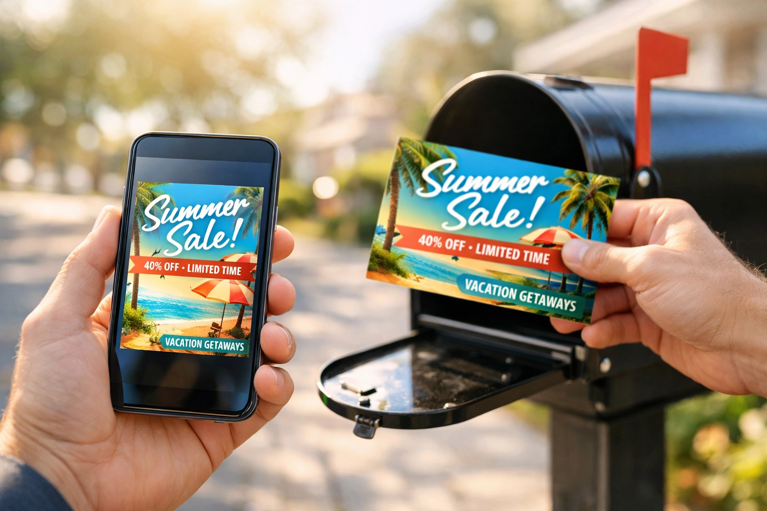 Person tracking physical direct mail via a digital preview on their smartphone near a residential mailbox.