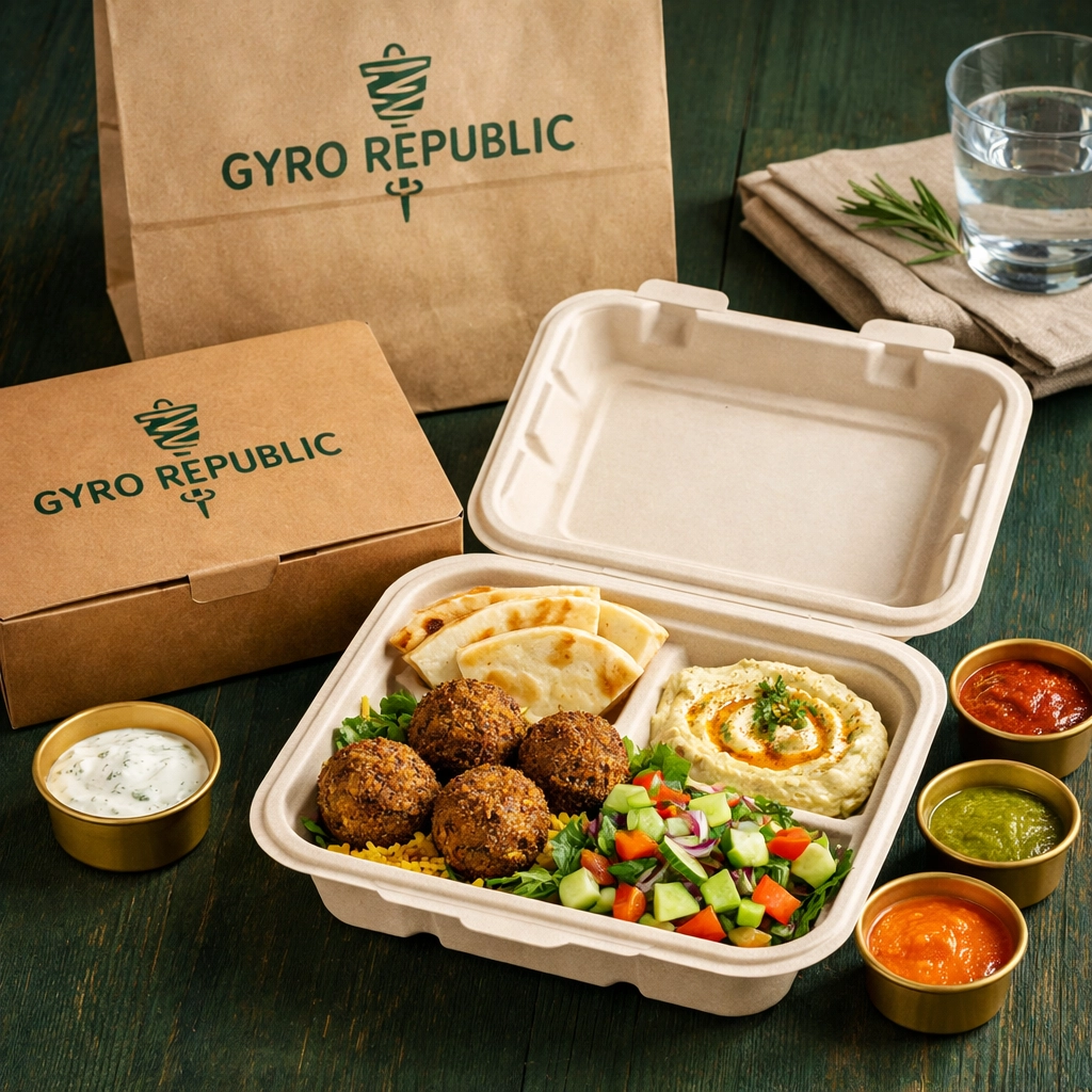 Sustainable Mediterranean food delivery and catering packaging from Gyro Republic in Portland.