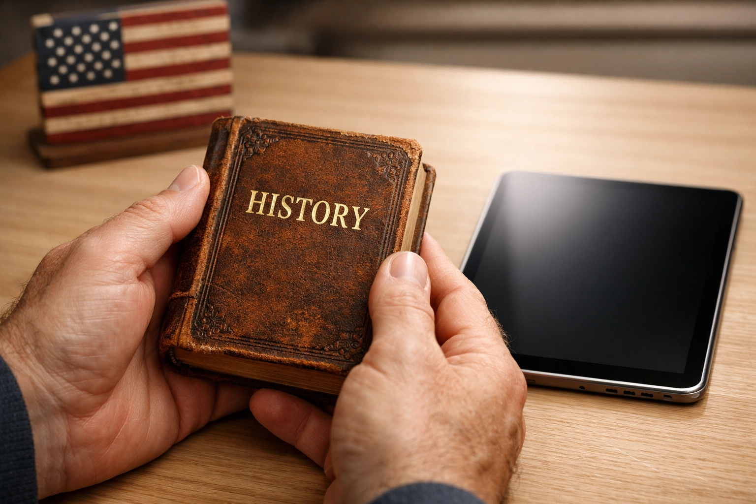 Historical book and modern tablet on a desk, representing the enduring legacy and future of the United States.