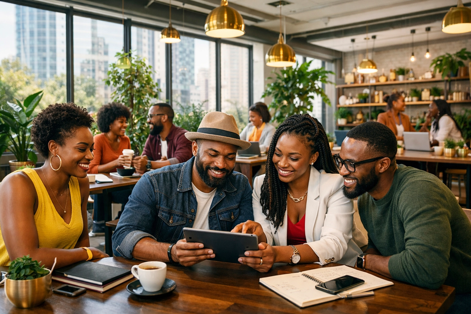 Diverse Black professionals collaborating in a modern office to build a self-sufficient economic community.