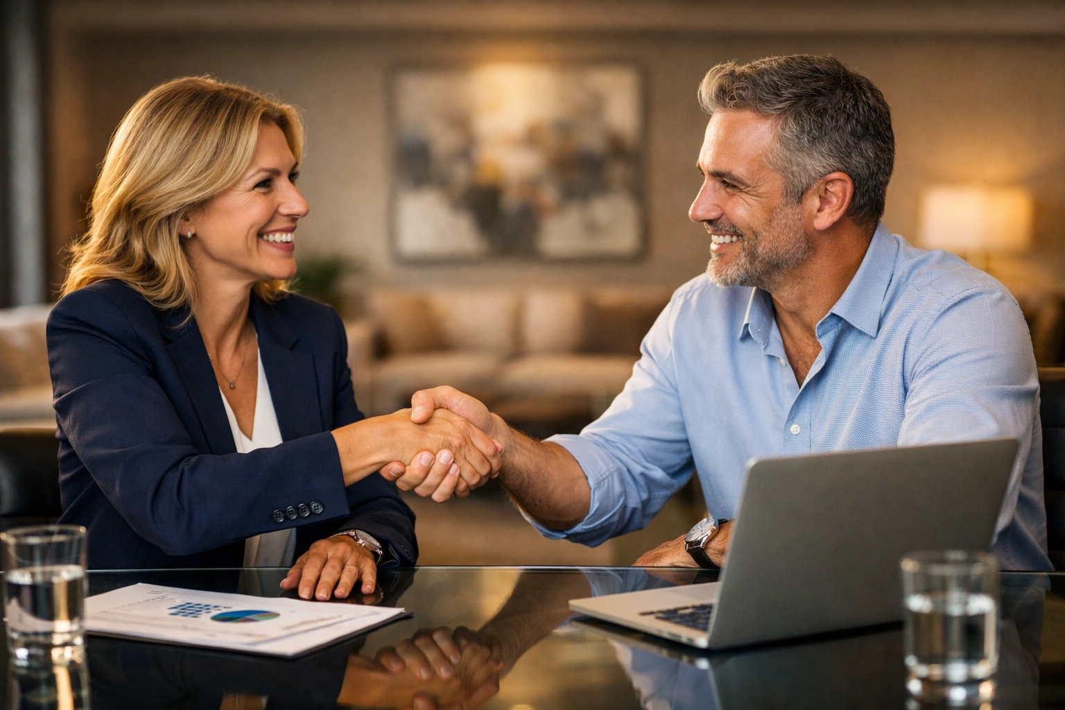 Business leaders shaking hands to celebrate a successful strategic marketing partnership.