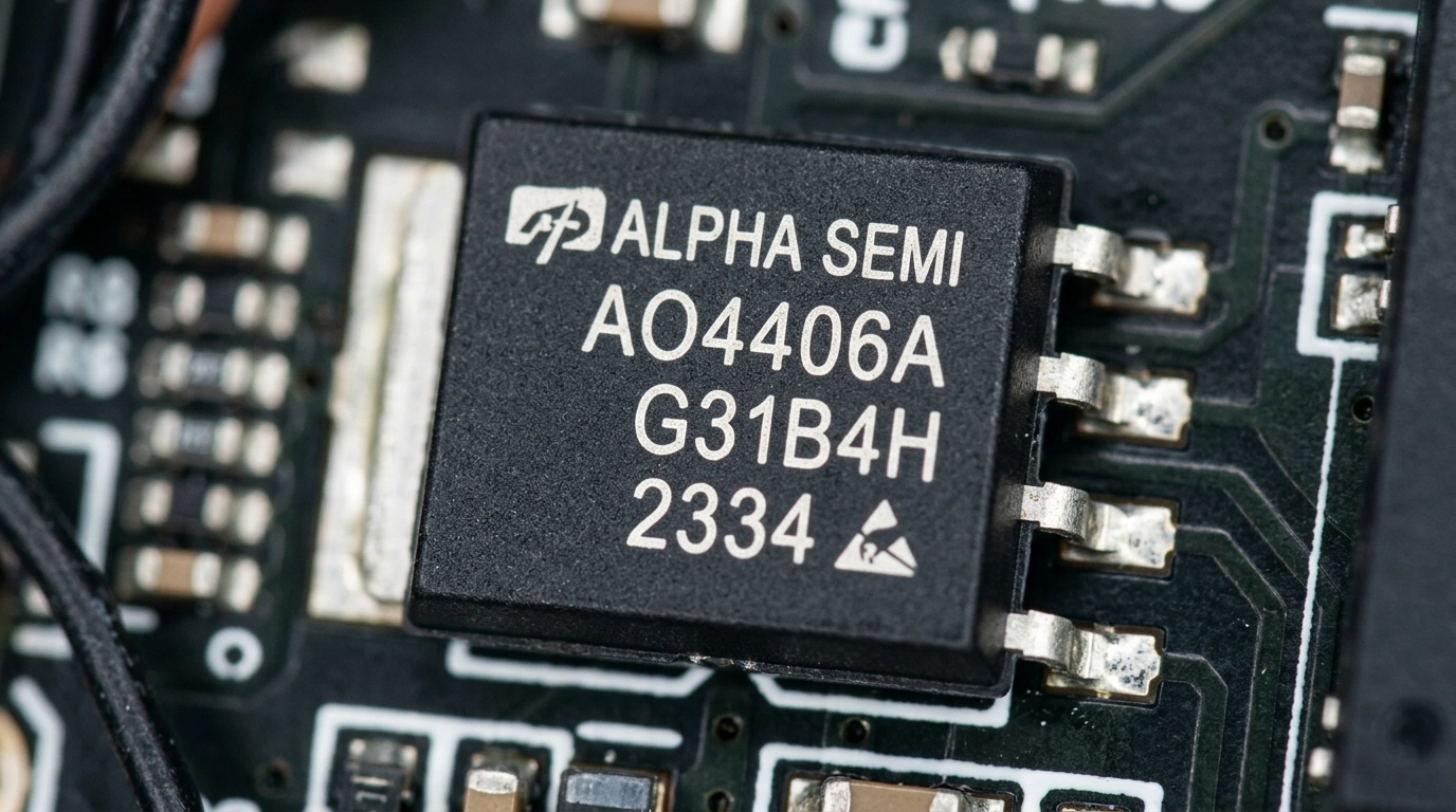 Microscope view of a laser-marked MOSFET package showing part-number detail for OCR-based component verification