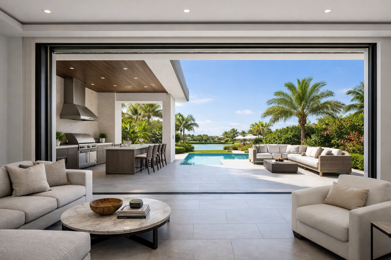 Expert home remodeling Orlando showing a seamless indoor-outdoor patio and modern living room.
