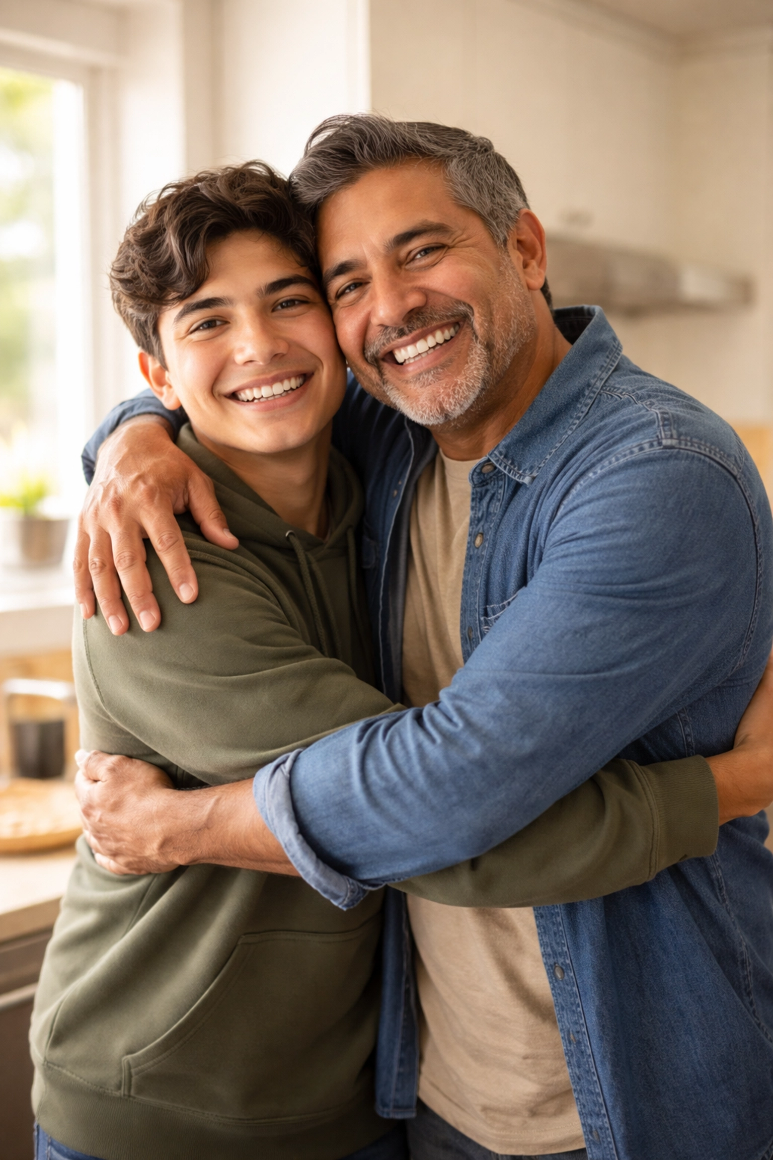 Father and son sharing a warm embrace in the kitchen during their morning routine