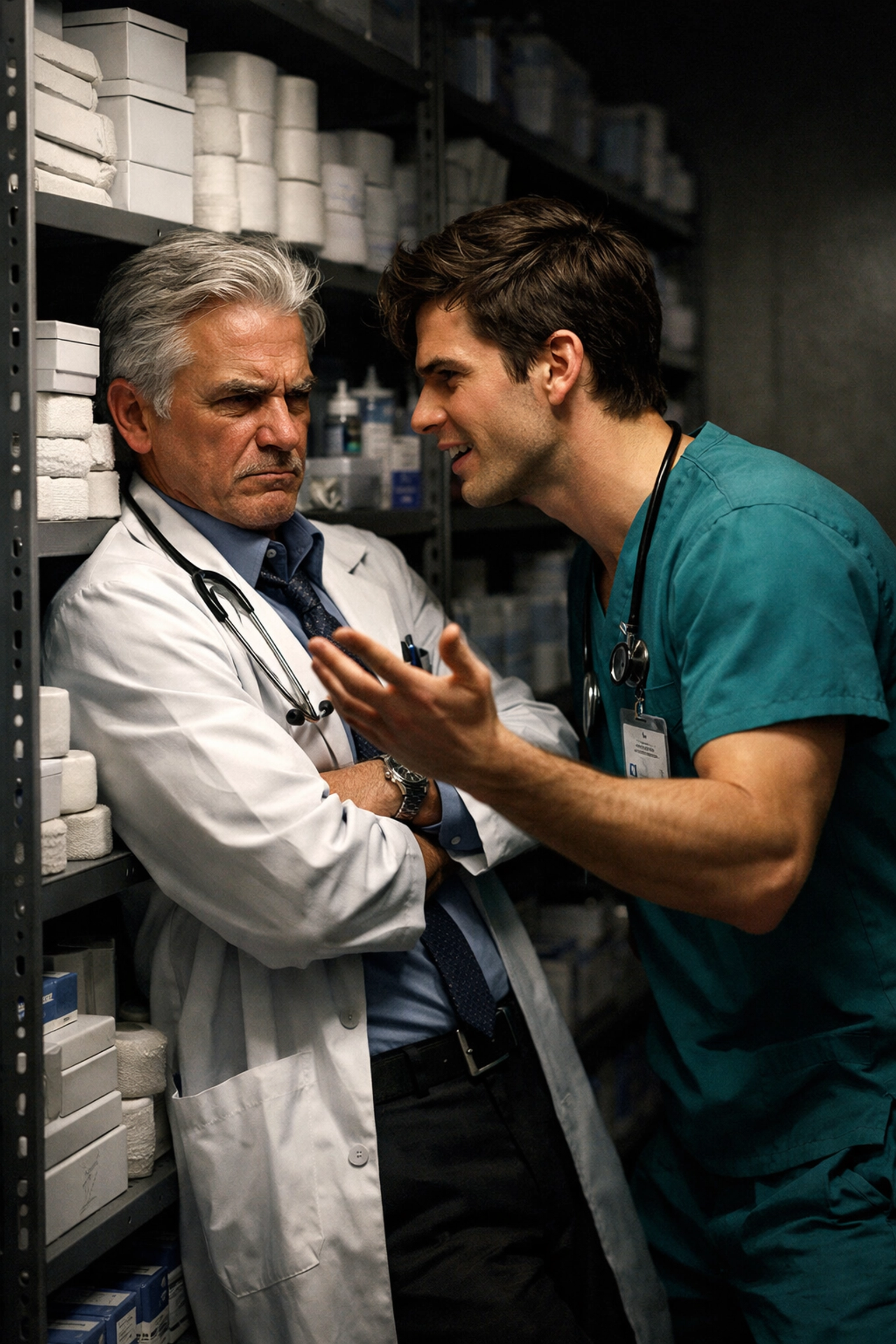 A tense supply closet scene between a doctor and resident, reflecting the popular enemies to lovers MM trope.