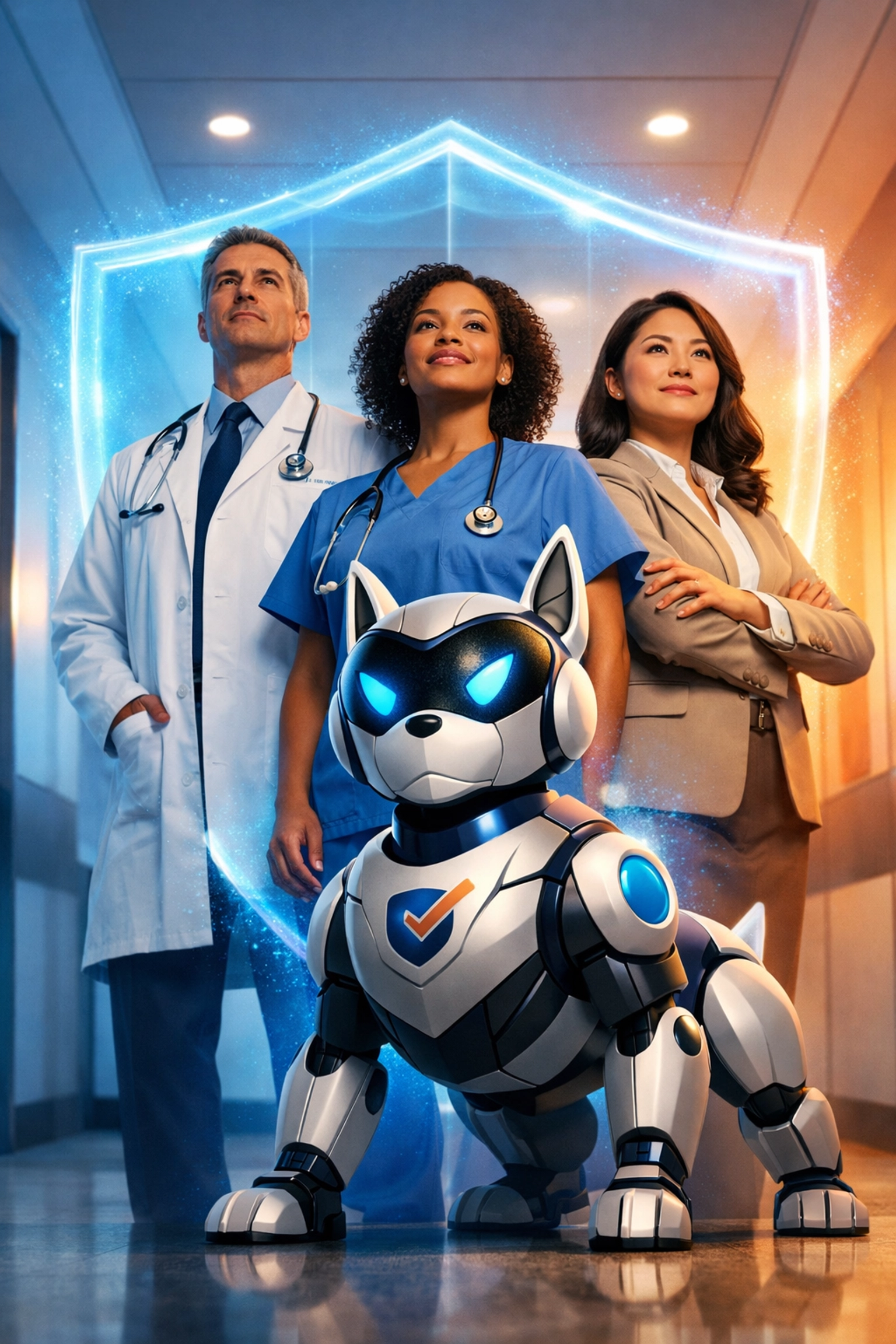 Healthcare team standing together representing a proactive security culture for protecting patient data.