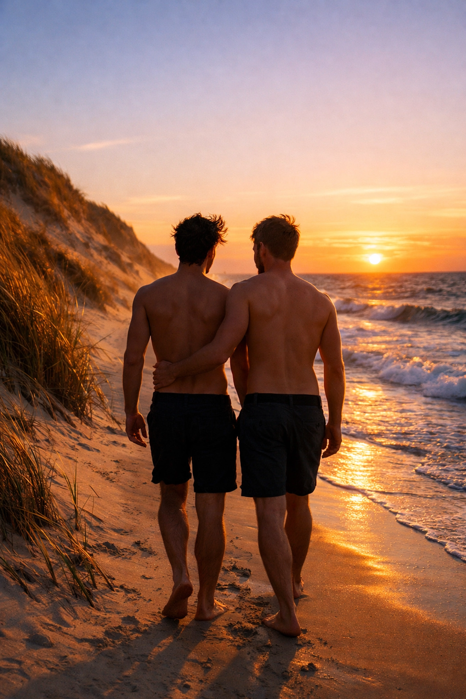 Two men at sunset on Rooster Beach Belgium - LGBTQ+ community gathering place