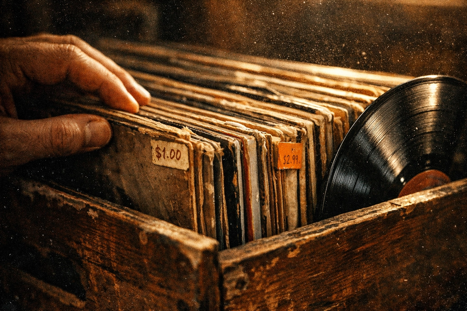 Crate digging for used vinyl records at Nivessa's Pico location, a premier record store in Los Angeles.