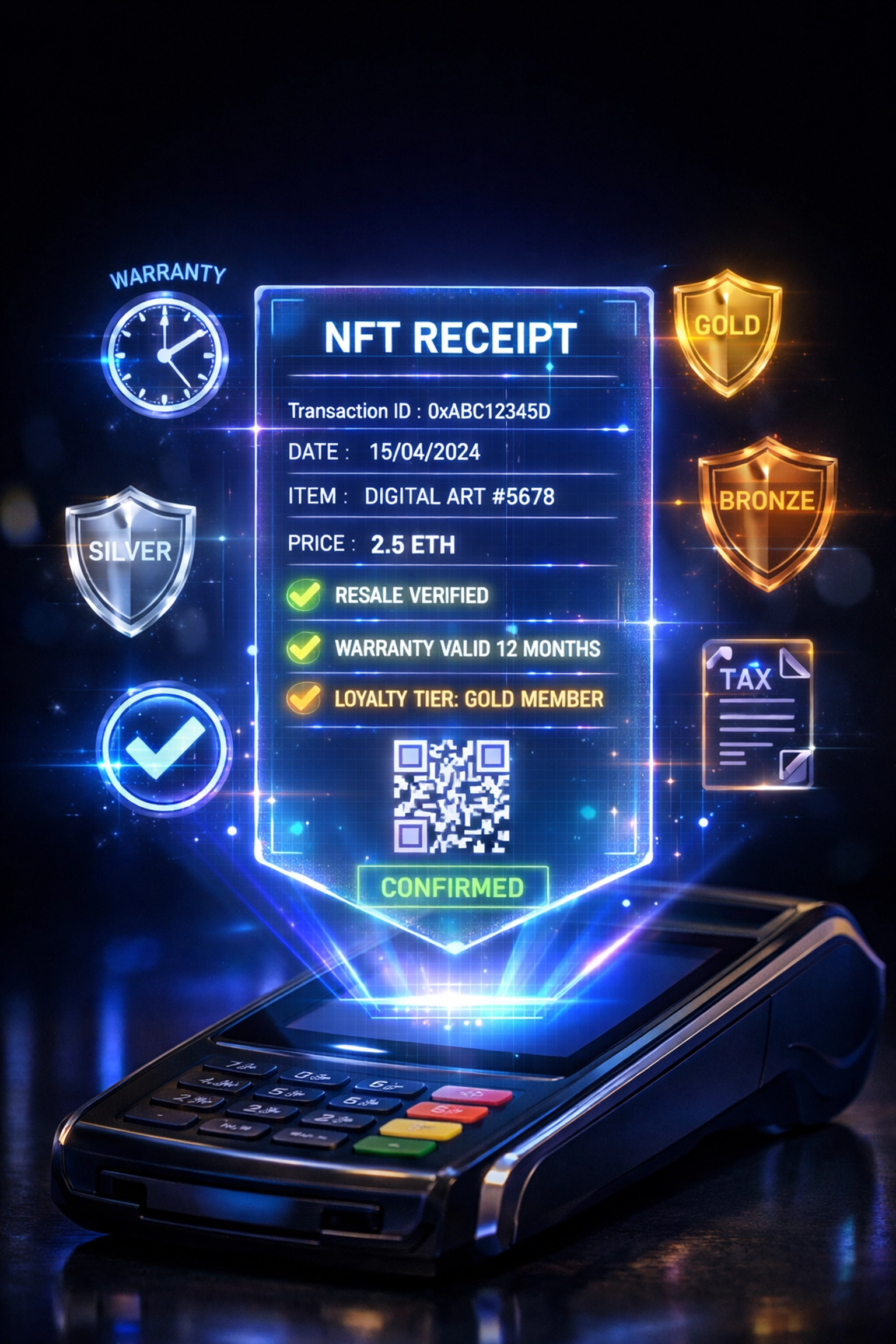 NFT receipt showing warranty tracking, loyalty tiers, and blockchain verification for merchants