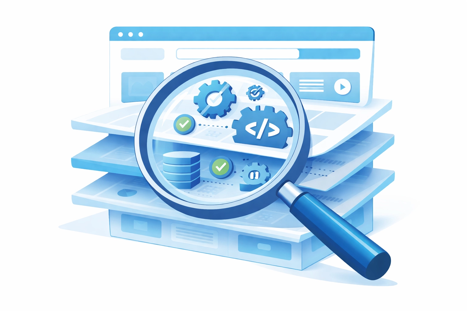 Magnifying glass revealing website components, highlighting thorough maintenance and analysis
