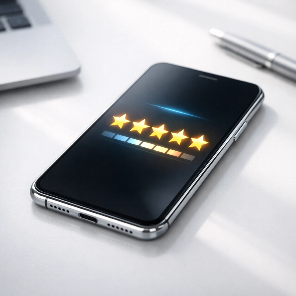 Smartphone displaying five-star customer review rating on automated review generation system