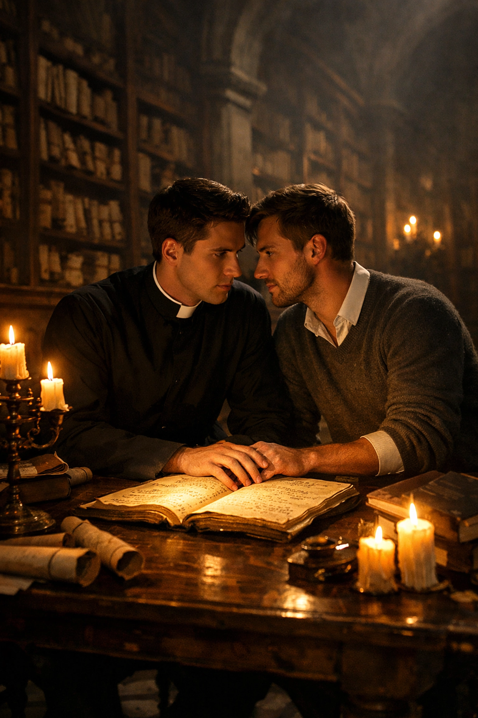 Two men sharing an intimate moment in a secret Vatican library, a classic scene from MM romance books.