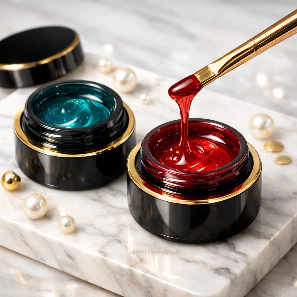 Premium Japanese gel pots on marble, providing a durable and luxurious finish for your nails.