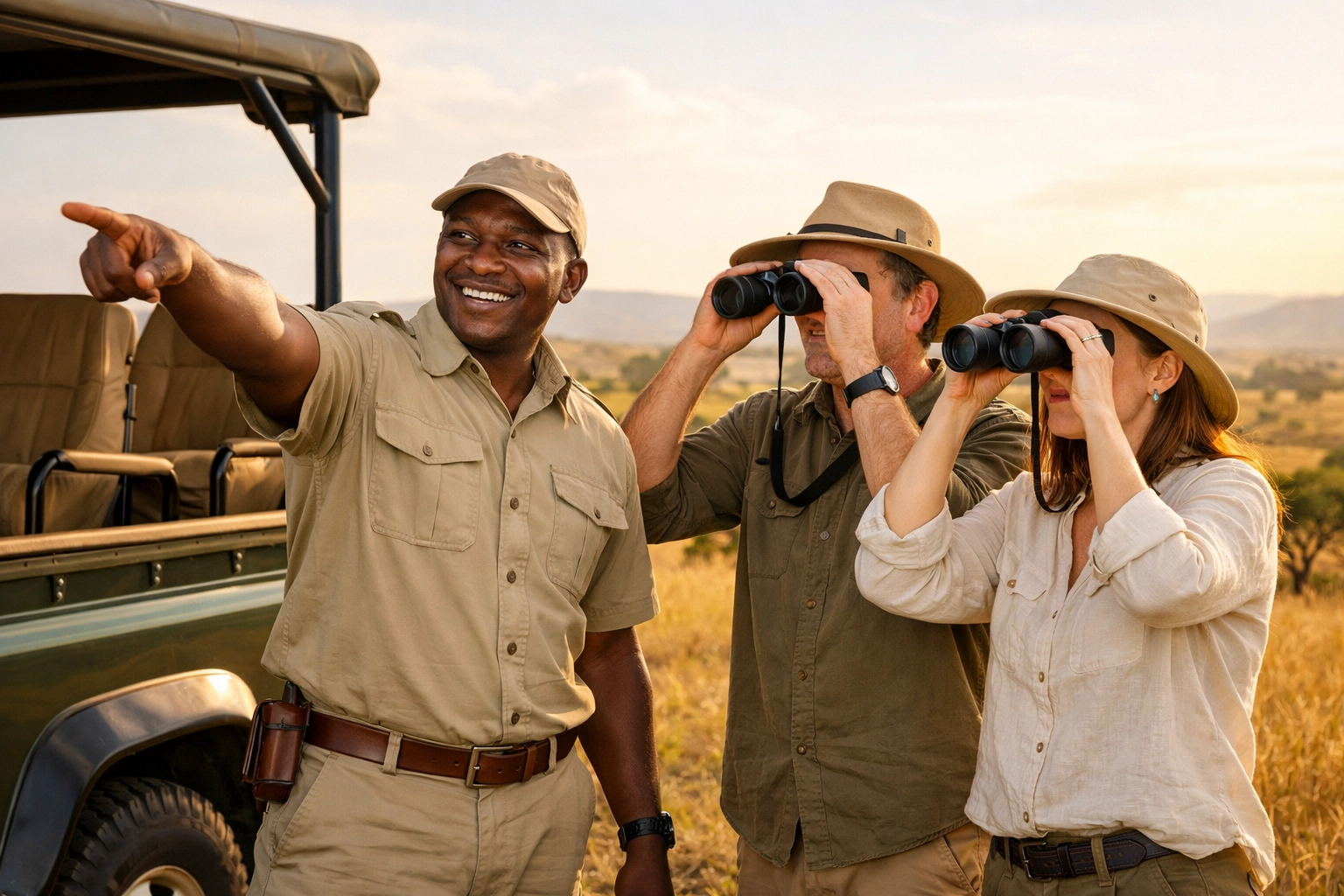 Professional safari guide pointing out wildlife to travelers in an open-topped vehicle on the Serengeti.