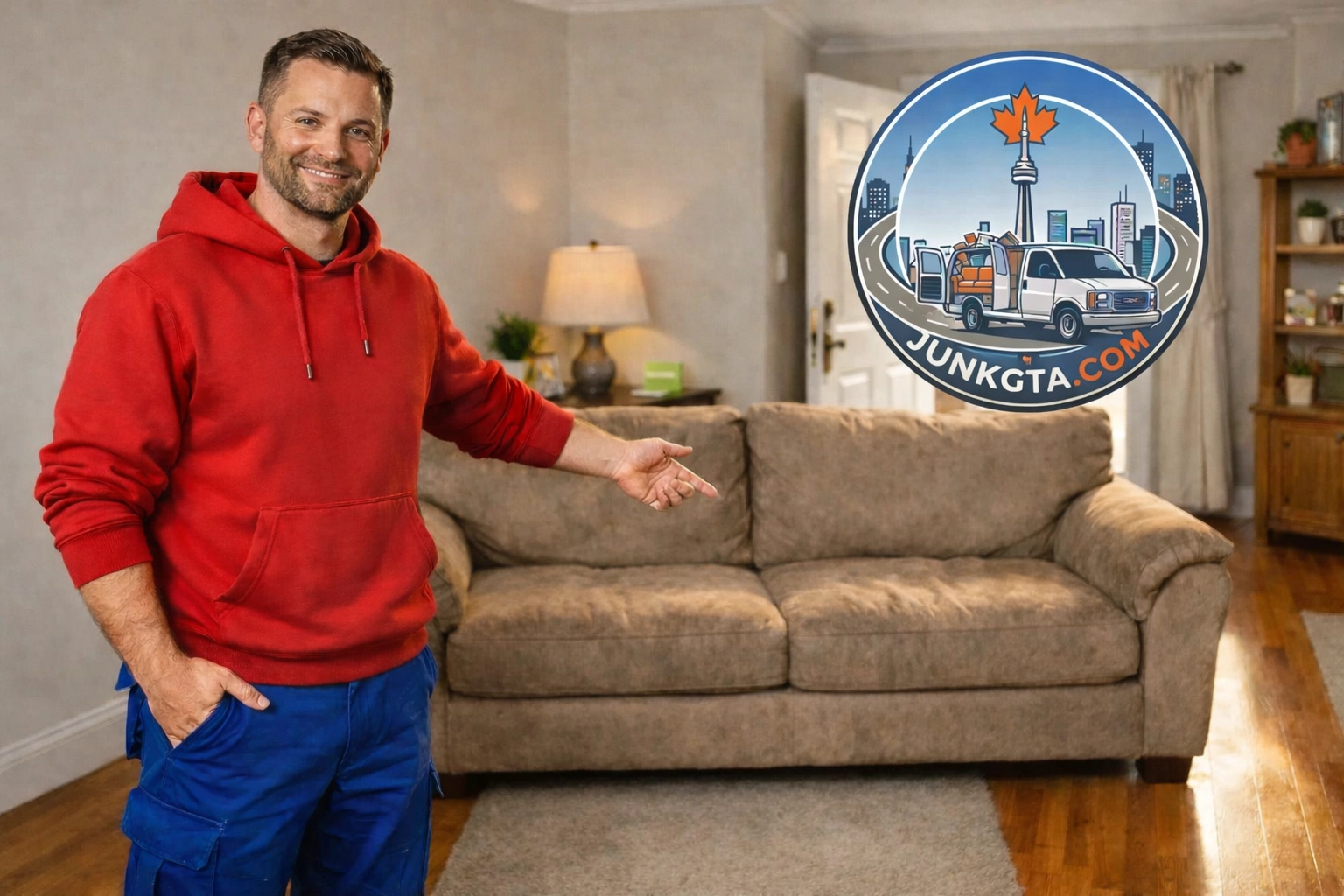 Roman from Junk GTA preparing a sofa for fast furniture pickup in a Bradford residential home.