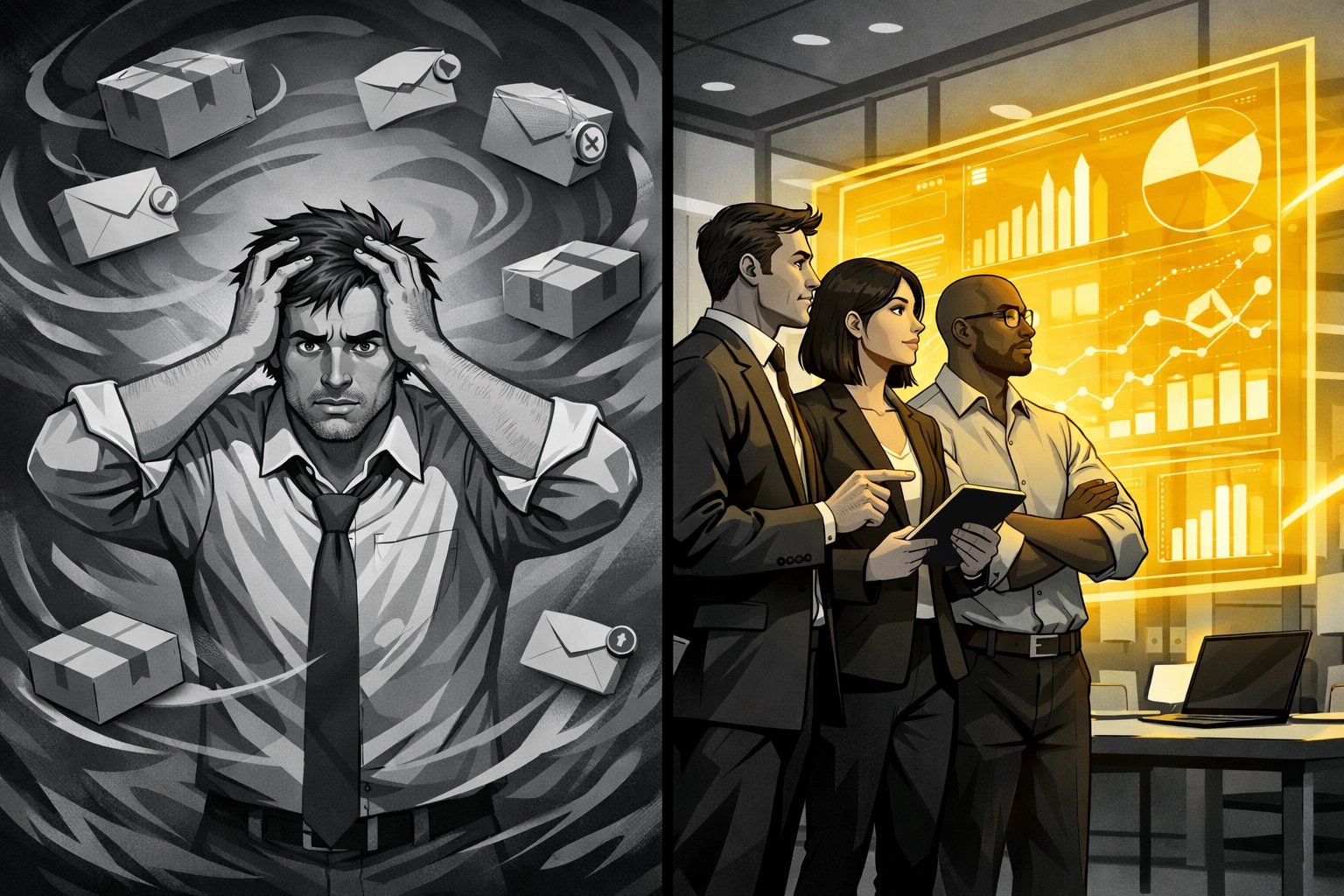 Comparison showing a stressed seller versus a professional Amazon account management services team.