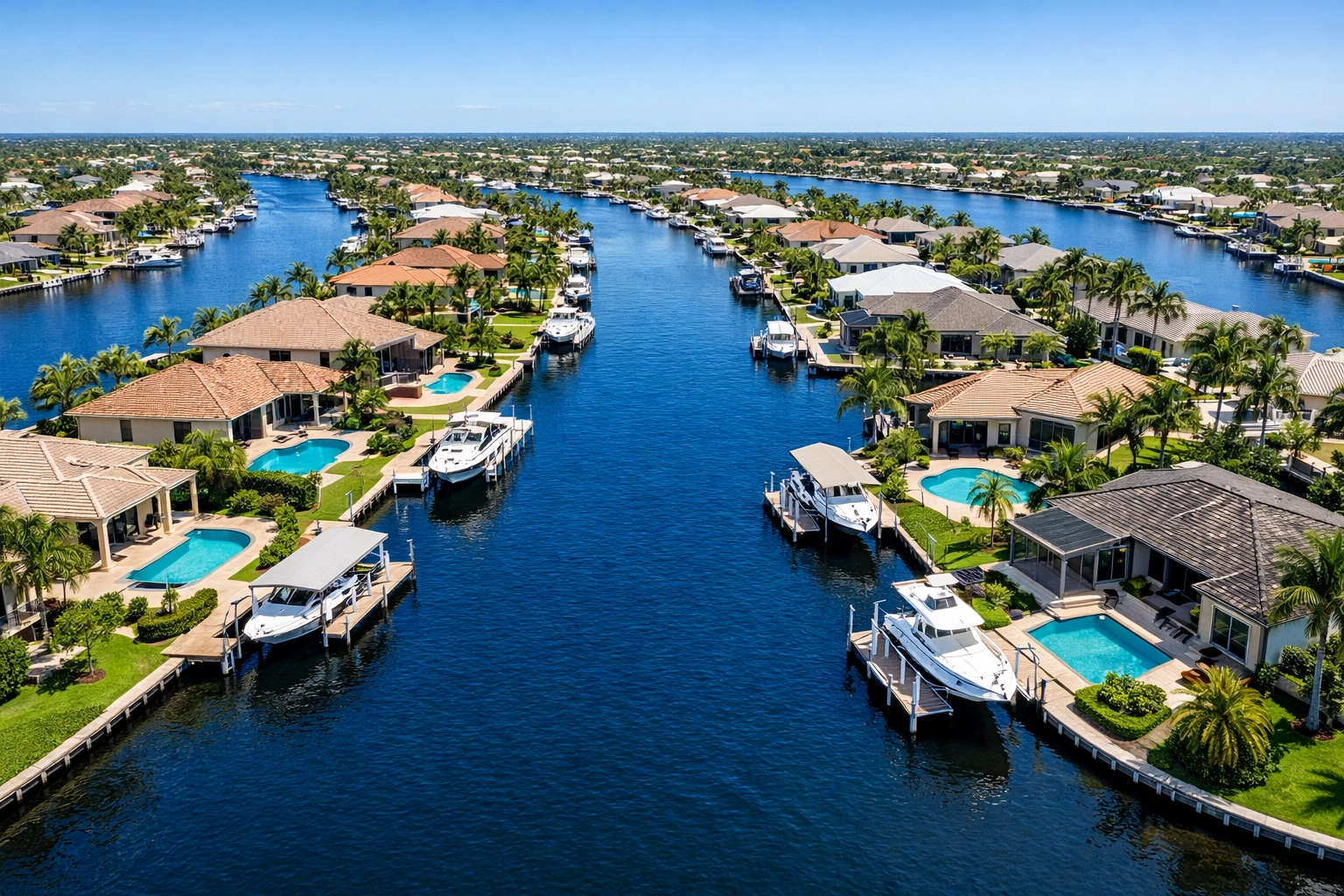 Aerial view of luxury SWFL waterfront homes and canals showing the unique grid layout and boat access.