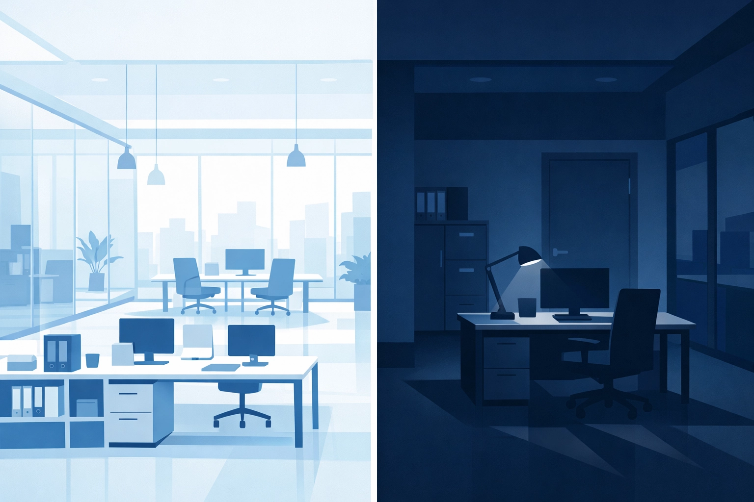 Split workplace showing contrast between collaborative culture promise and isolated reality