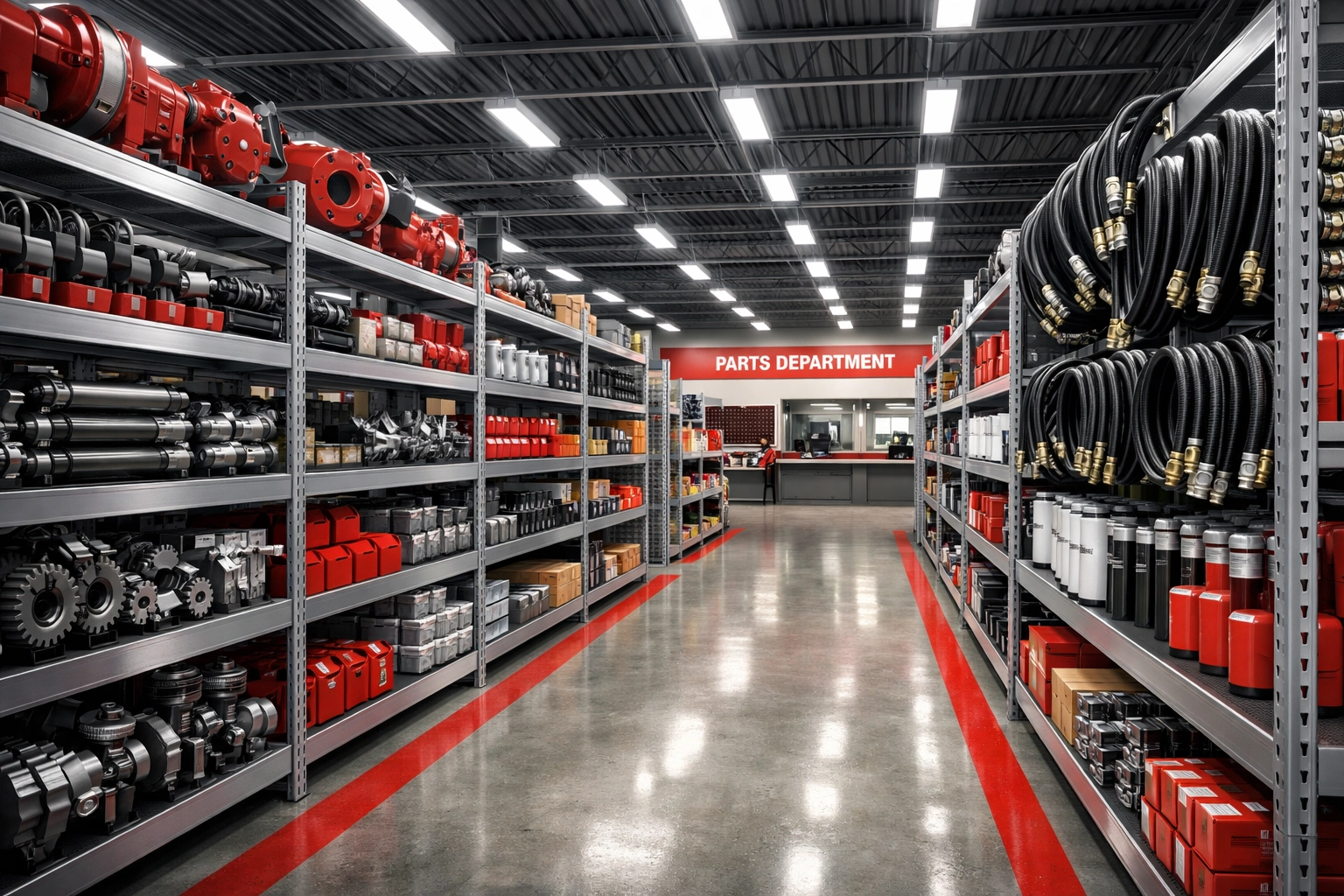 Well-stocked tractor parts department with organized inventory at Florida dealership