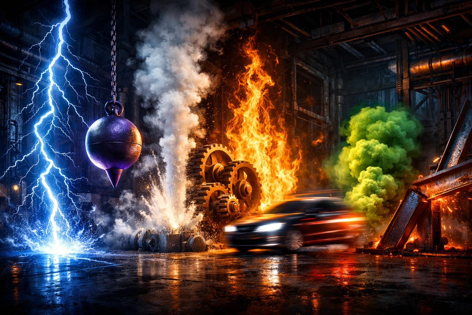 Ten high-energy workplace hazards including electricity, gravity, heat, and motion in industrial setting