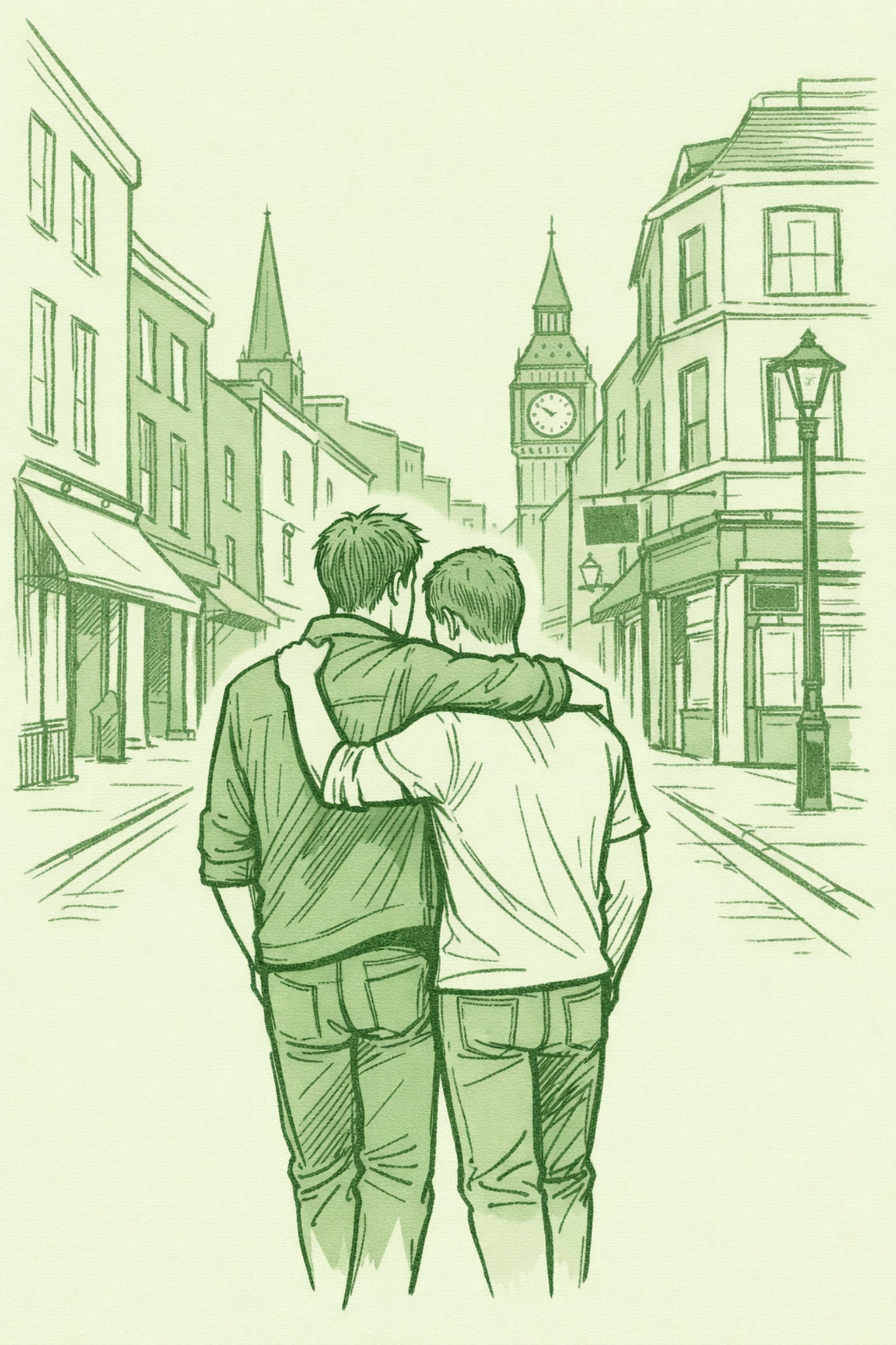 Illustration of a gay couple walking through Soho, London, celebrating queer history and heartfelt MM romance.