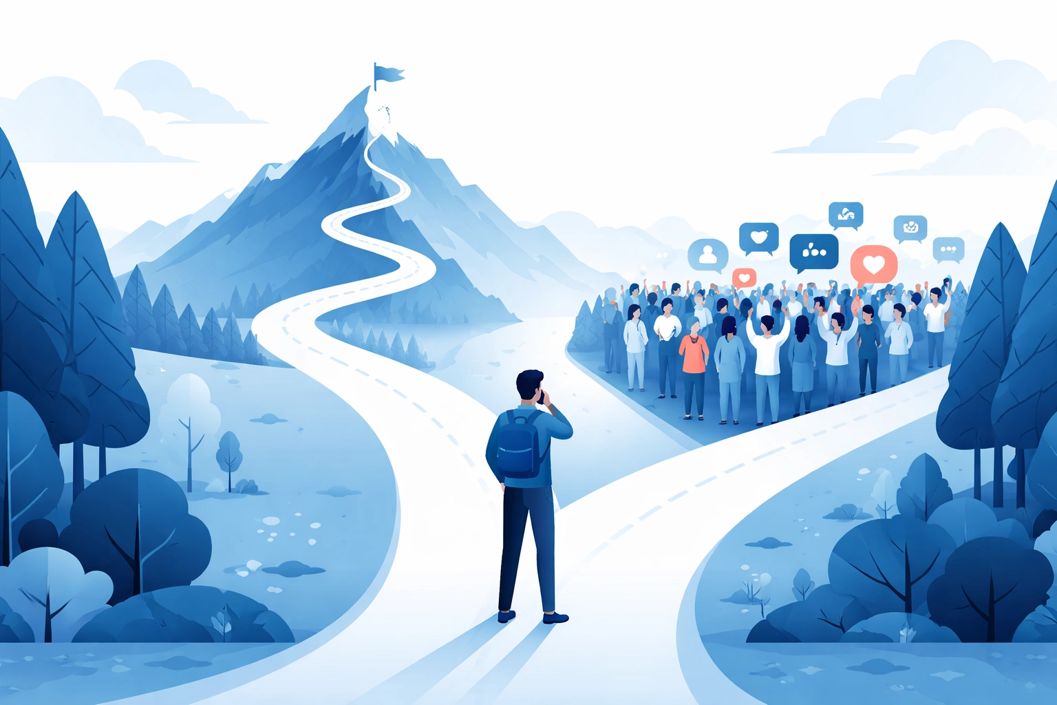 Person choosing between SEO and social media marketing paths for business growth strategy