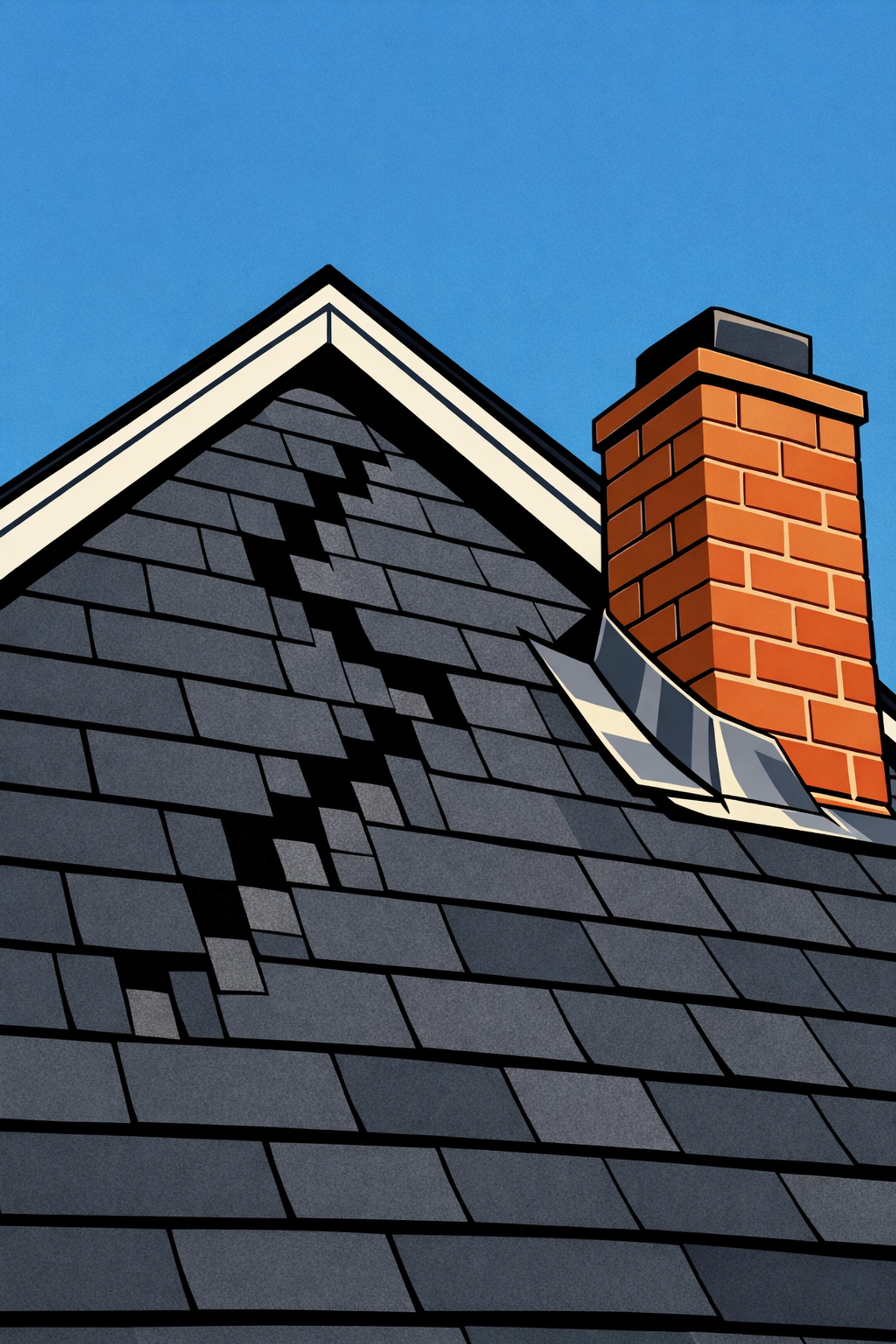 Close-up of storm-damaged roof shingles and bent chimney flashing on a Concord NH home.