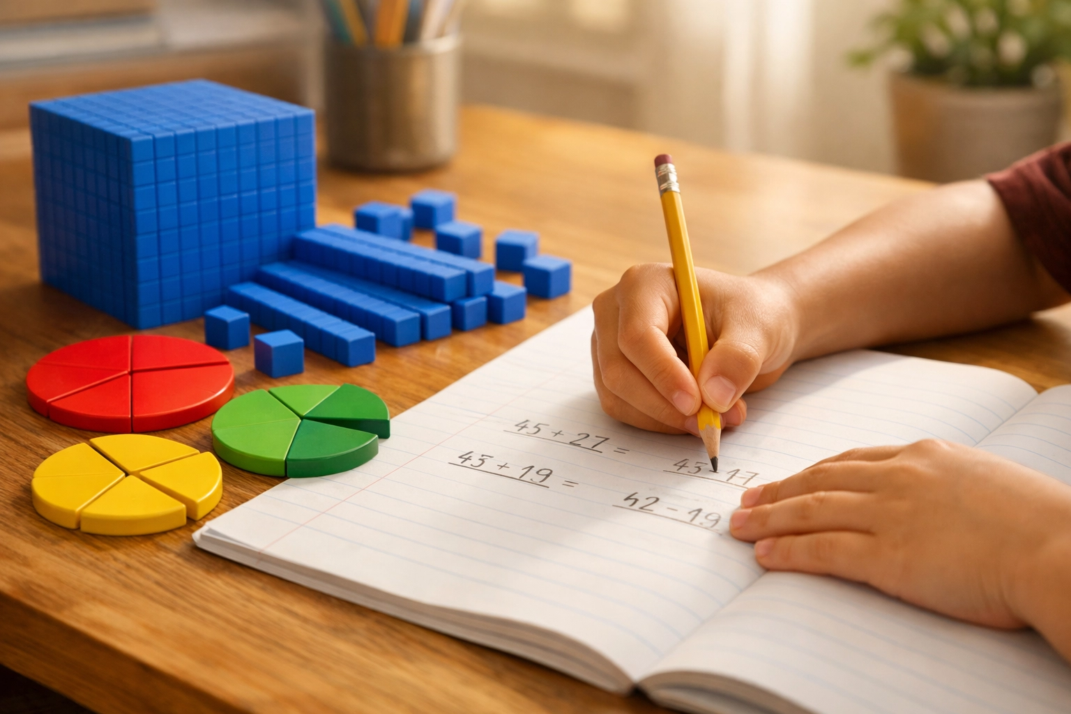 Student hands working on math problems with learning manipulatives