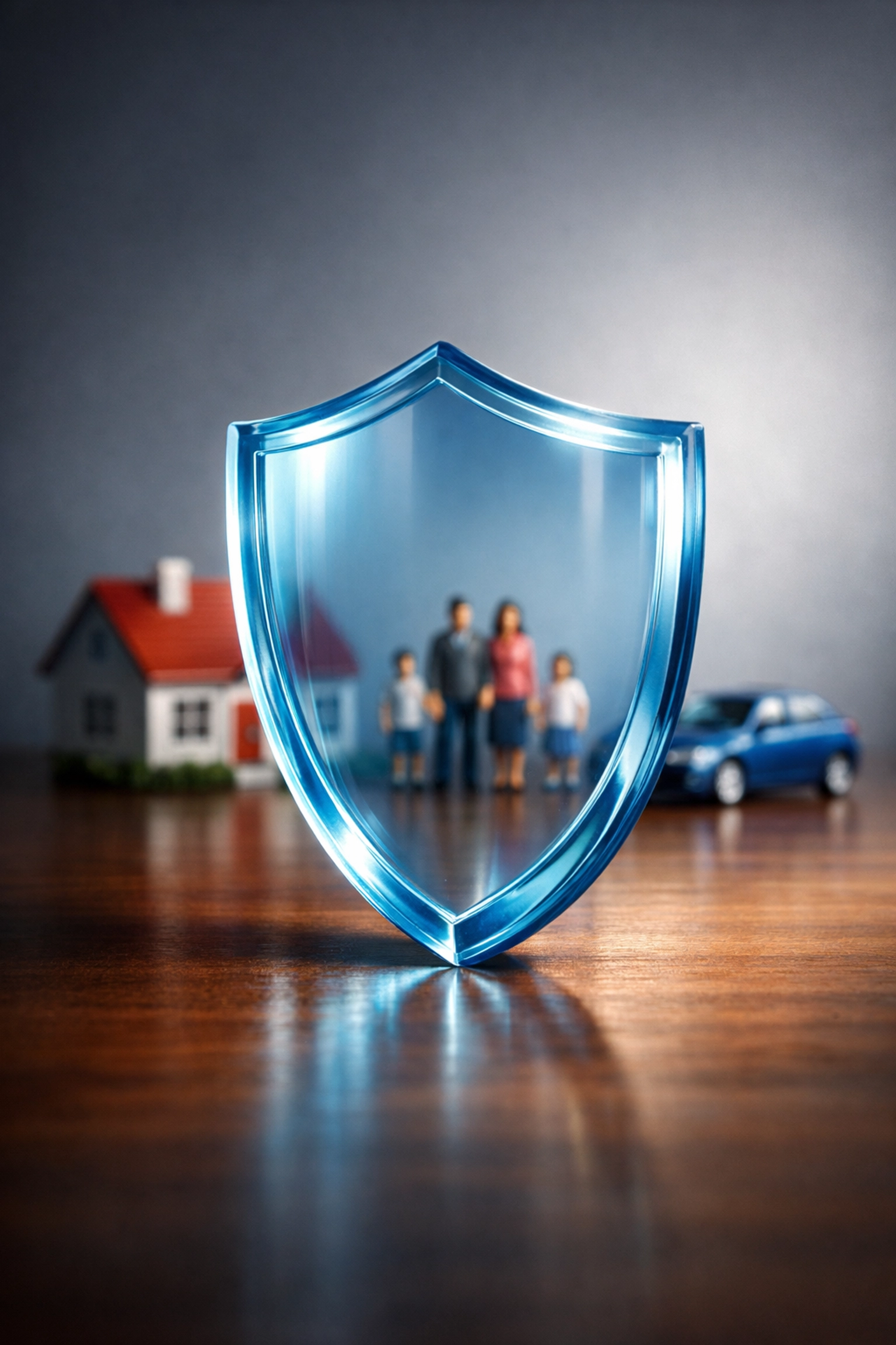 Protective shield guarding miniature house and family figures symbolizing estate planning and legacy protection