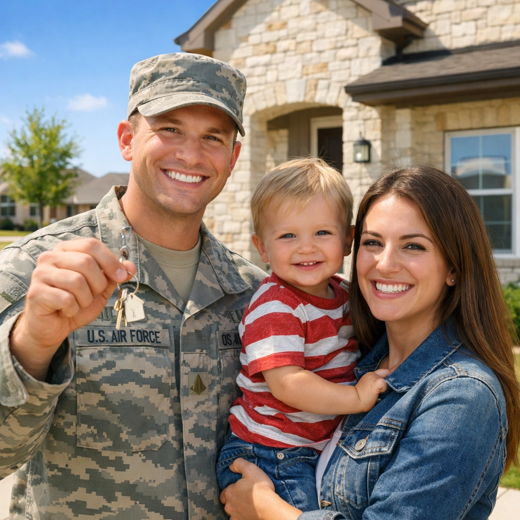 Military family holding keys to a new limestone home in San Antonio, showcasing VA loan homeownership.