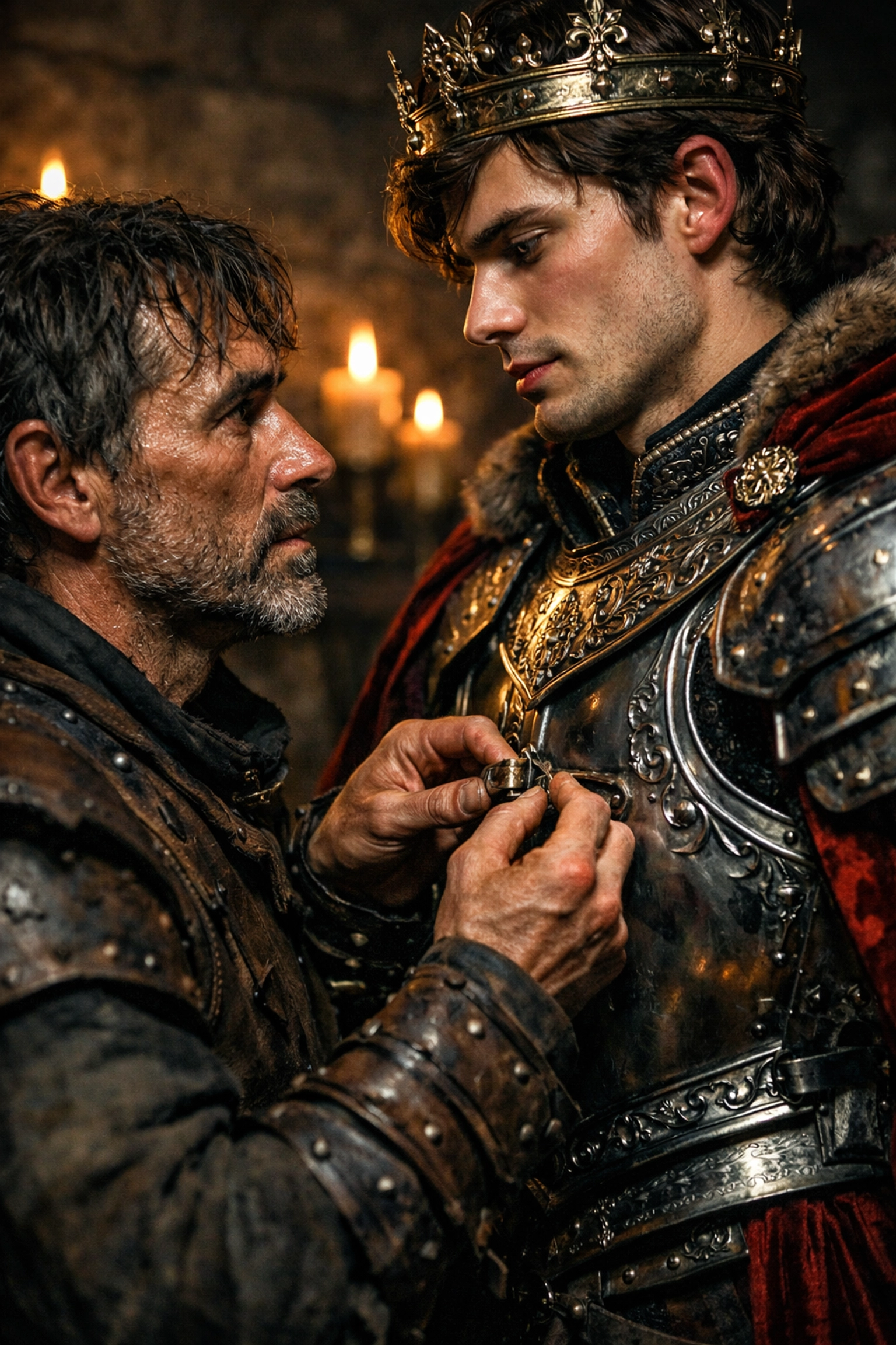 A historical mm romance scene showing a bodyguard armor-plating a king by candlelight.
