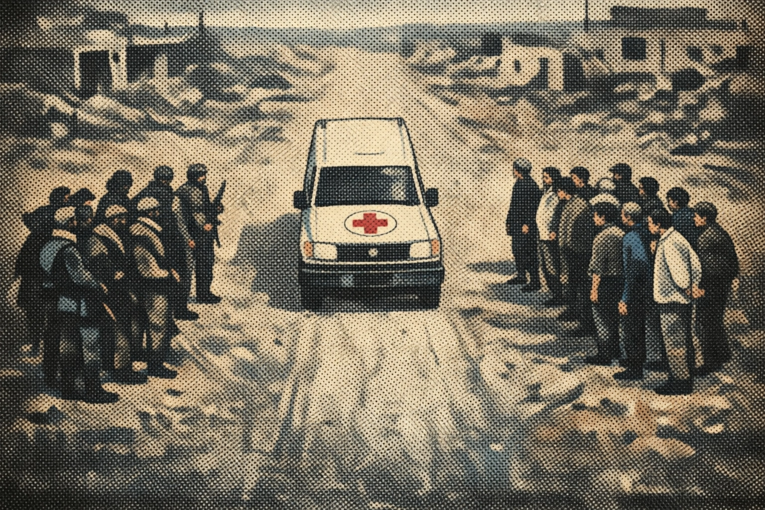 Illustration of a prisoner swap in Syria with a Red Cross vehicle on a rural road.